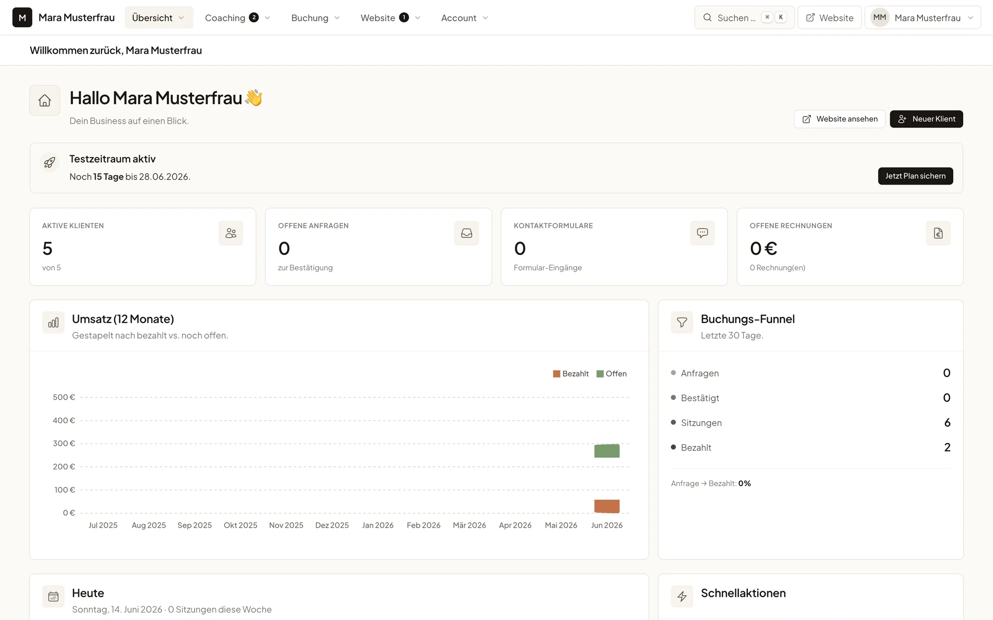 Coachseite-Arbeitsbereich: Dashboard