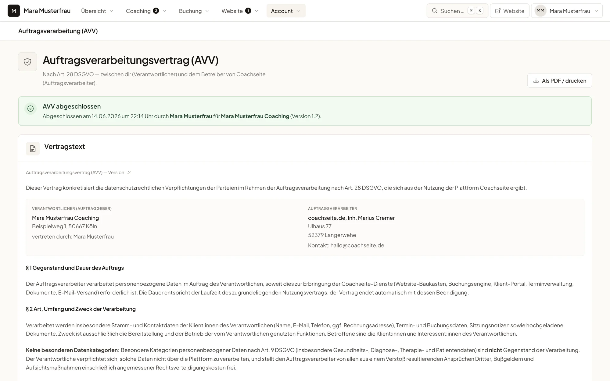 Auftragsverarbeitungsvertrag (AVV) im Coachseite-Arbeitsbereich