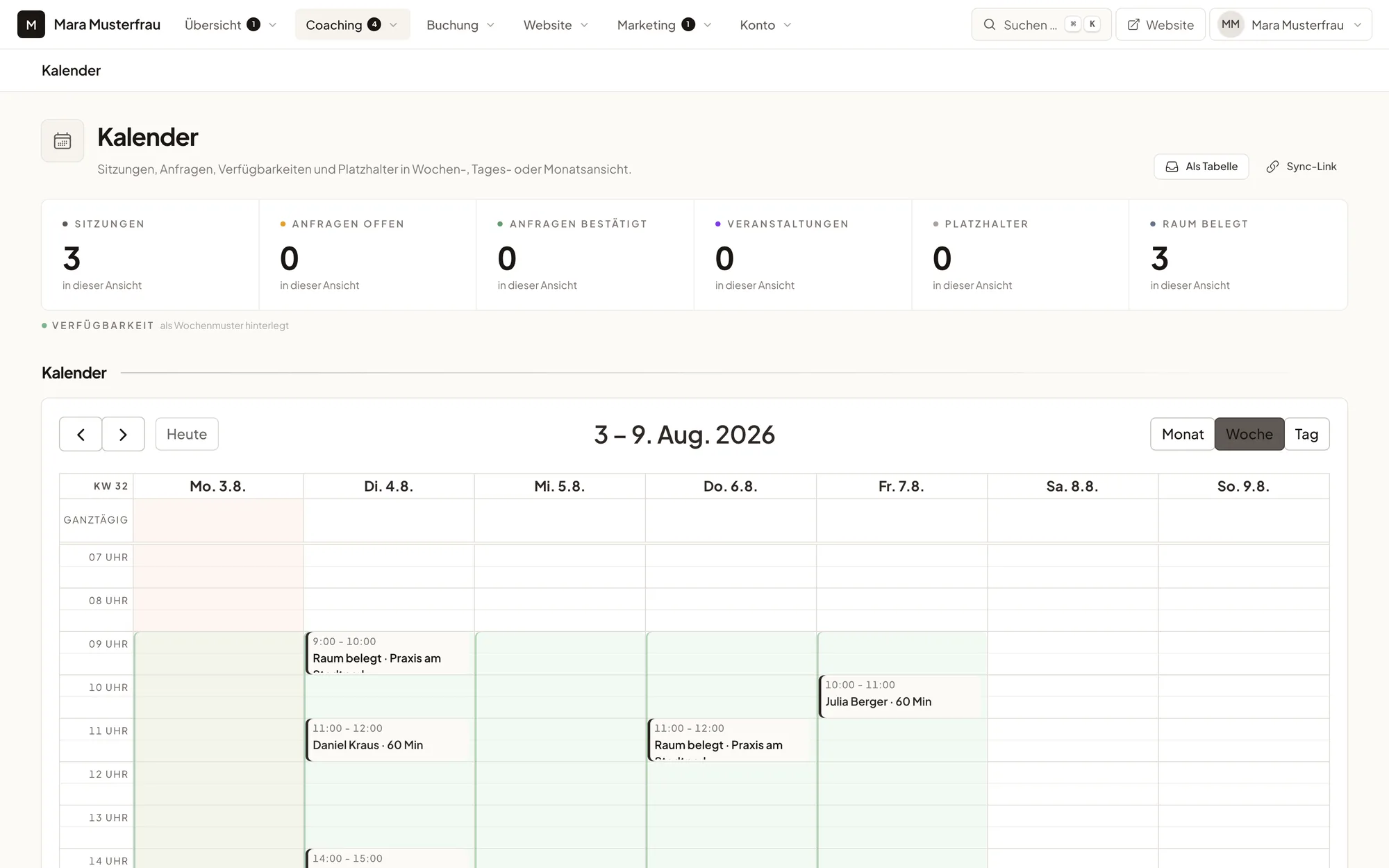 Wochenkalender mit eigenen Terminen und anonym belegten Zeiten des geteilten Raums