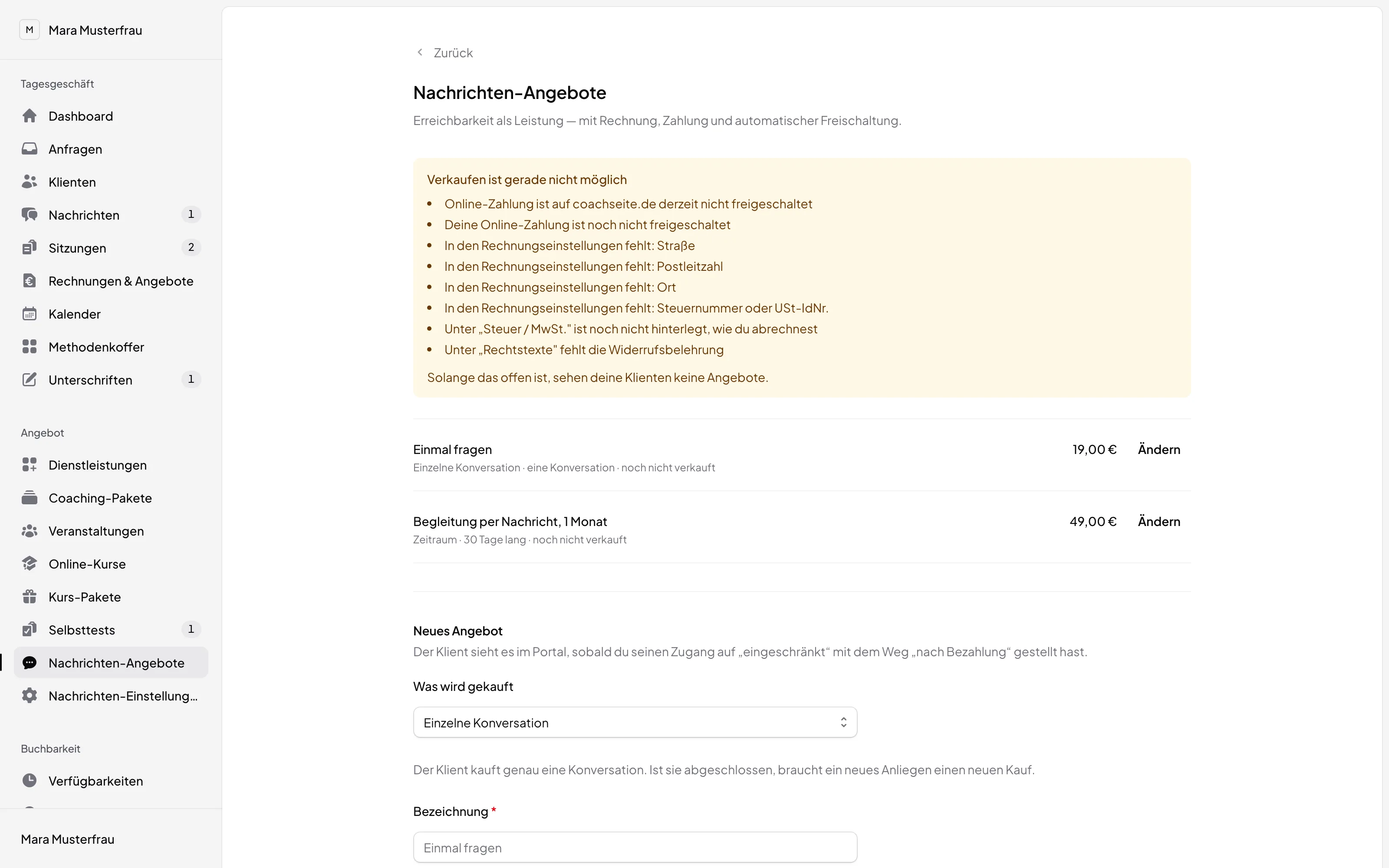 Nachrichten-Angebote im Coach-Bereich: ein Einzelgespräch und ein Monats-Zeitraum mit Preis