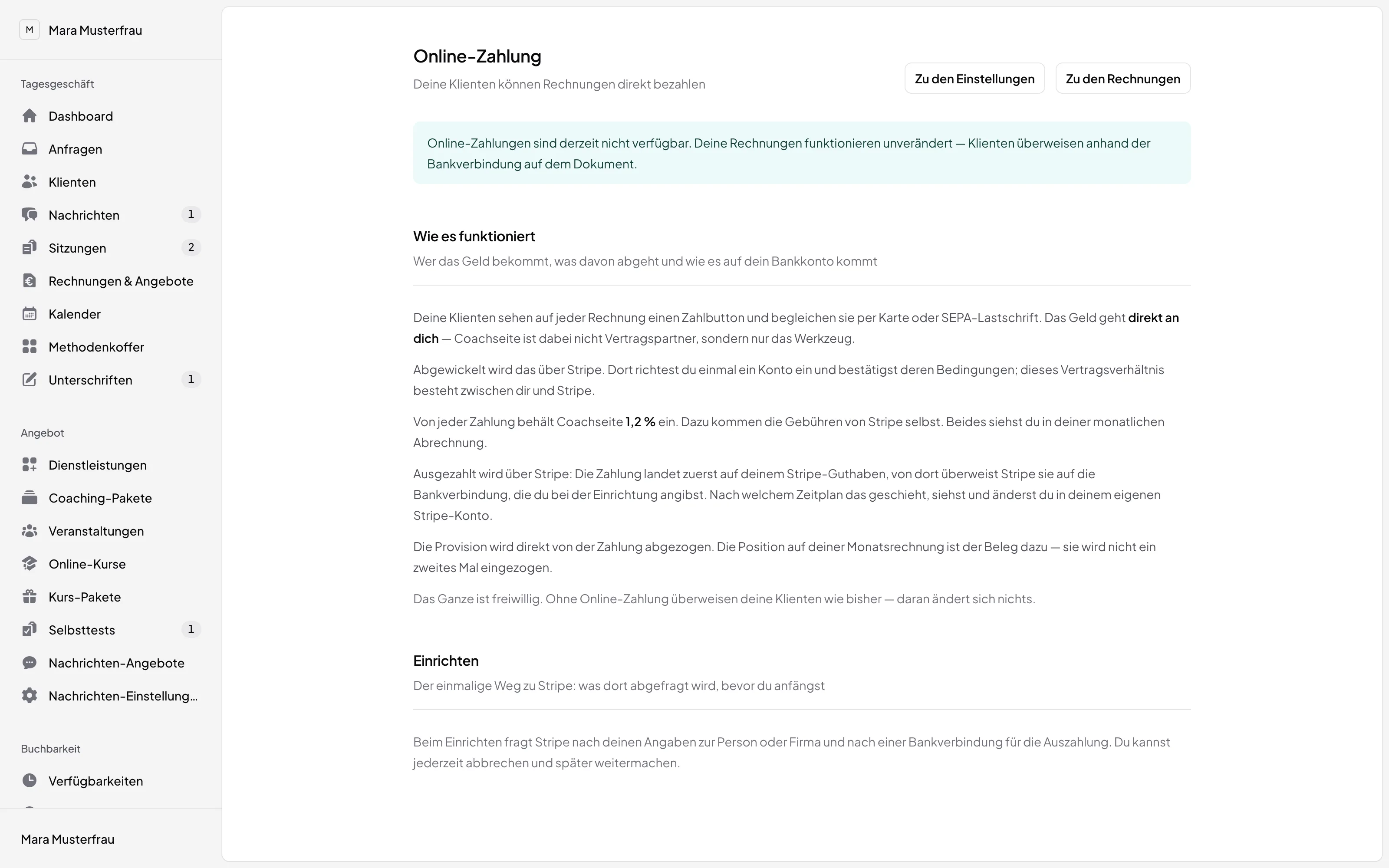Online-Zahlung im Coachseite-Arbeitsbereich: Stripe-Konto verbunden, Zahlungen aktiv