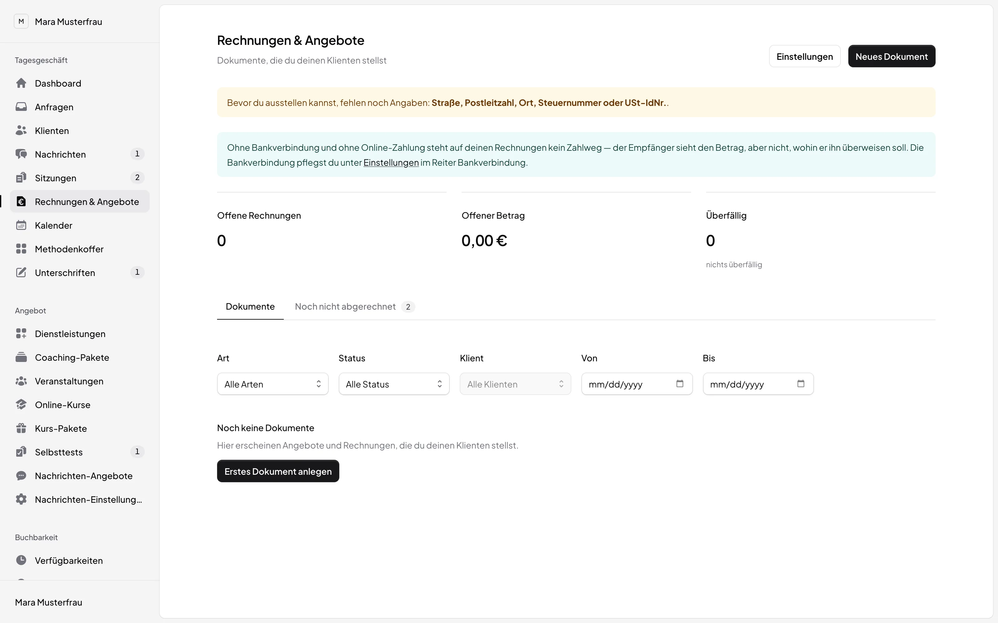 Übersicht mit offenen Posten und Rechnungen