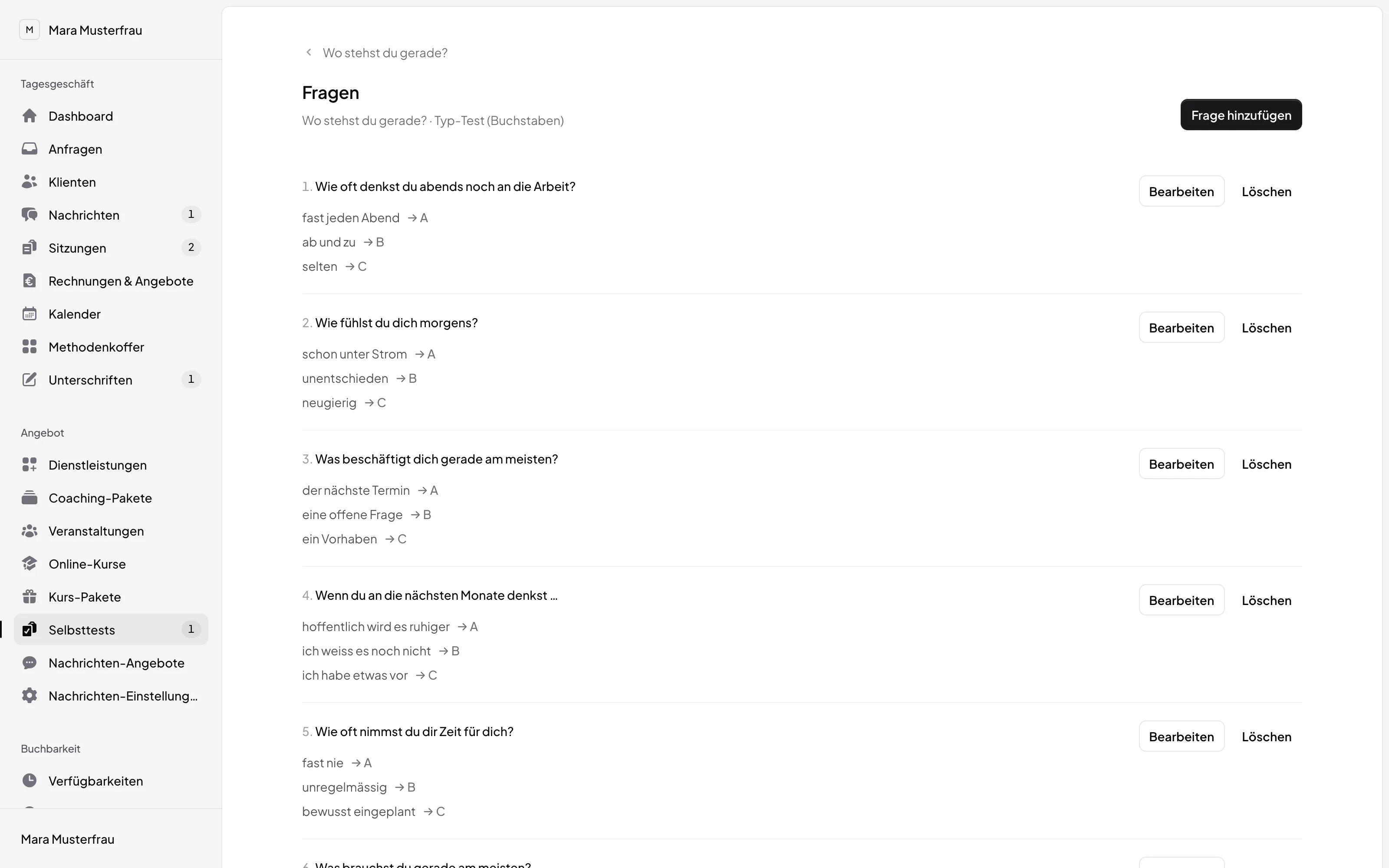 Fragen-Editor im Coach-Bereich mit Antwortmöglichkeiten und ihrer Buchstaben-Zuordnung