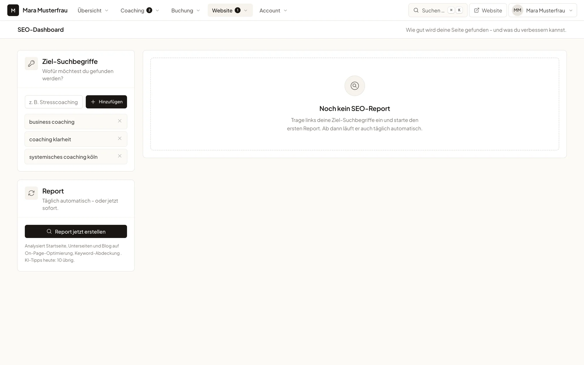 SEO-Dashboard mit Ziel-Begriffen und On-Page-Report