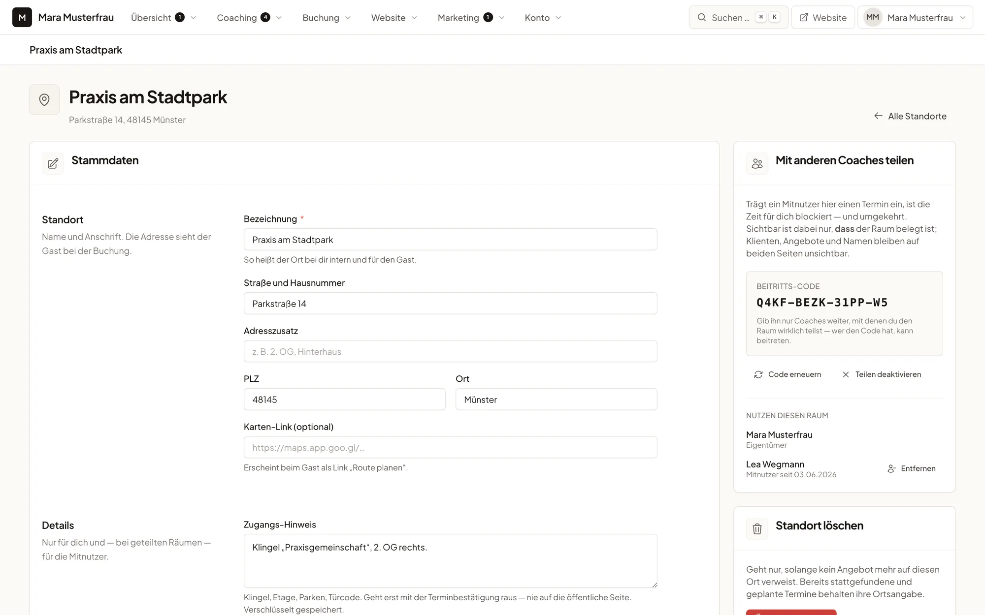 Standort mit Beitritts-Code und Liste der mitnutzenden Coaches