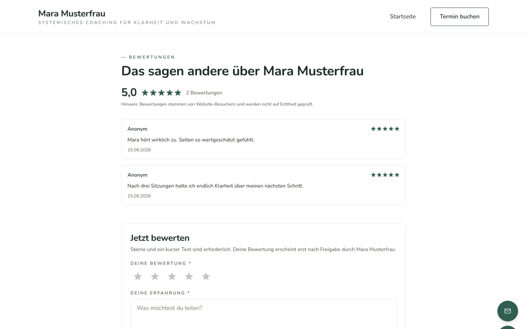 Öffentliche Bewertungs-Seite mit Sternen und Formular