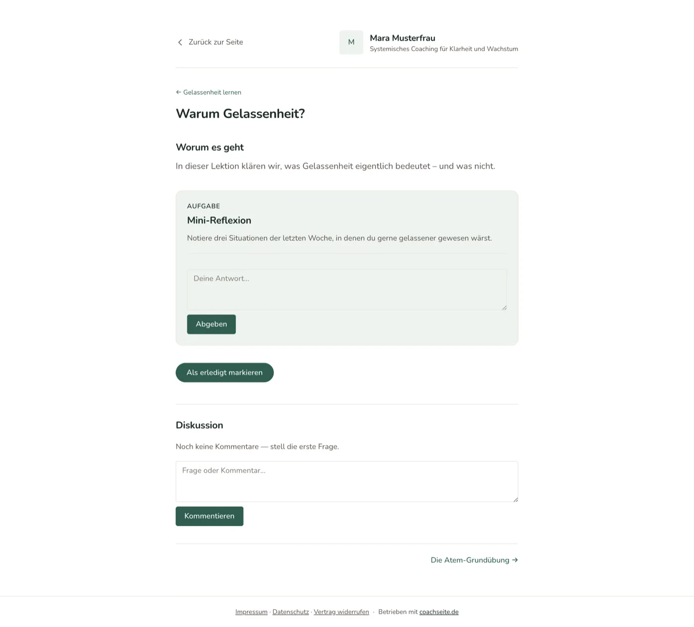 Teilnehmer-Lektion mit Aufgabe, Erledigt-Markierung und Diskussion