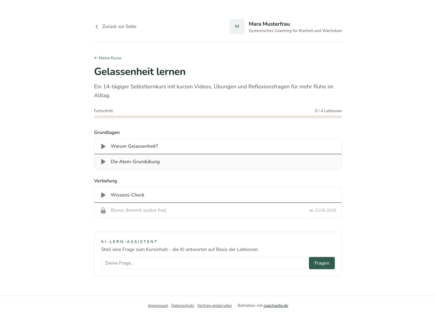 Lernportal eines Teilnehmers mit Kursfortschritt, Kapiteln und KI-Lern-Assistent