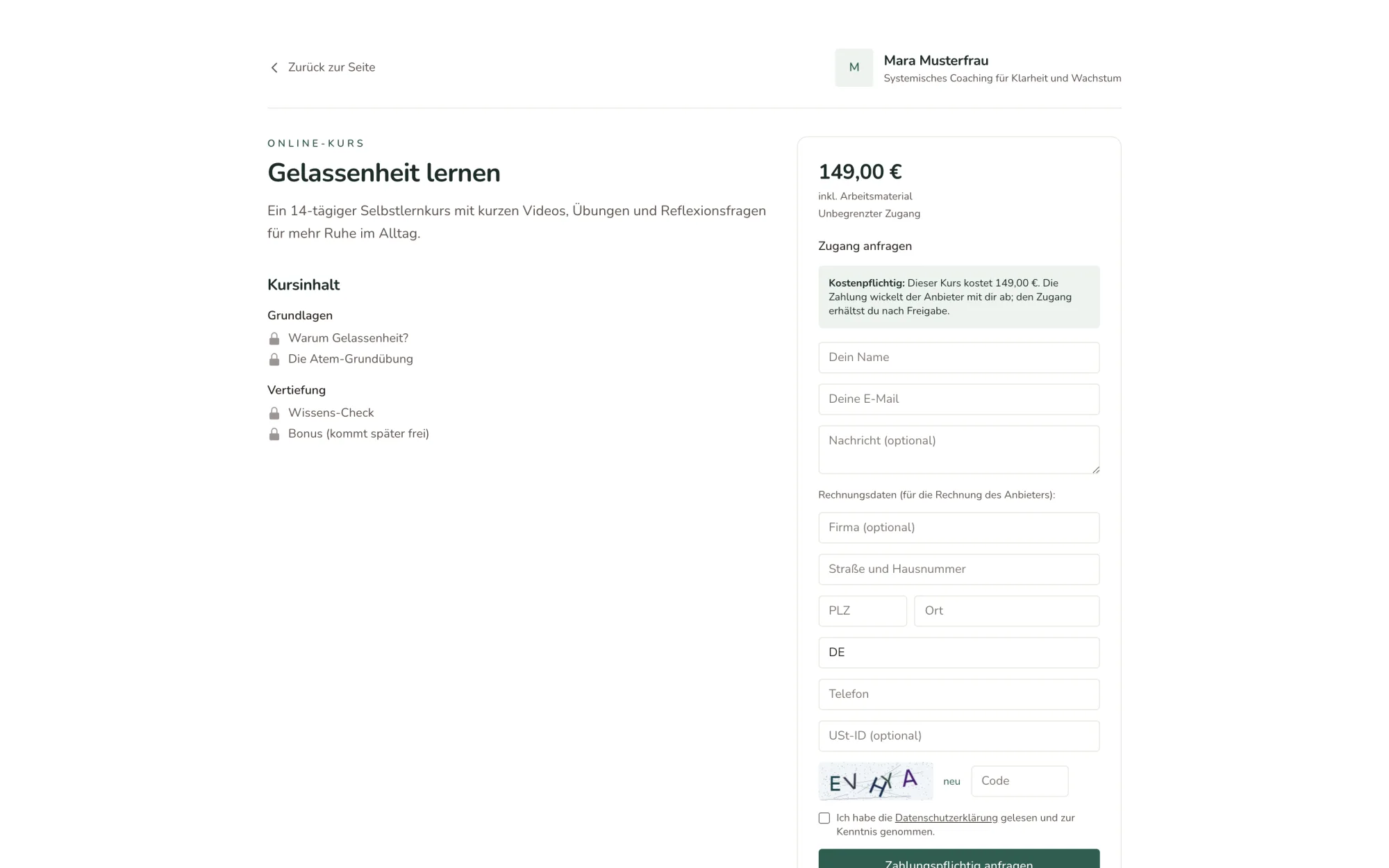 Öffentliche Kursseite mit Inhaltsübersicht und Anmeldung
