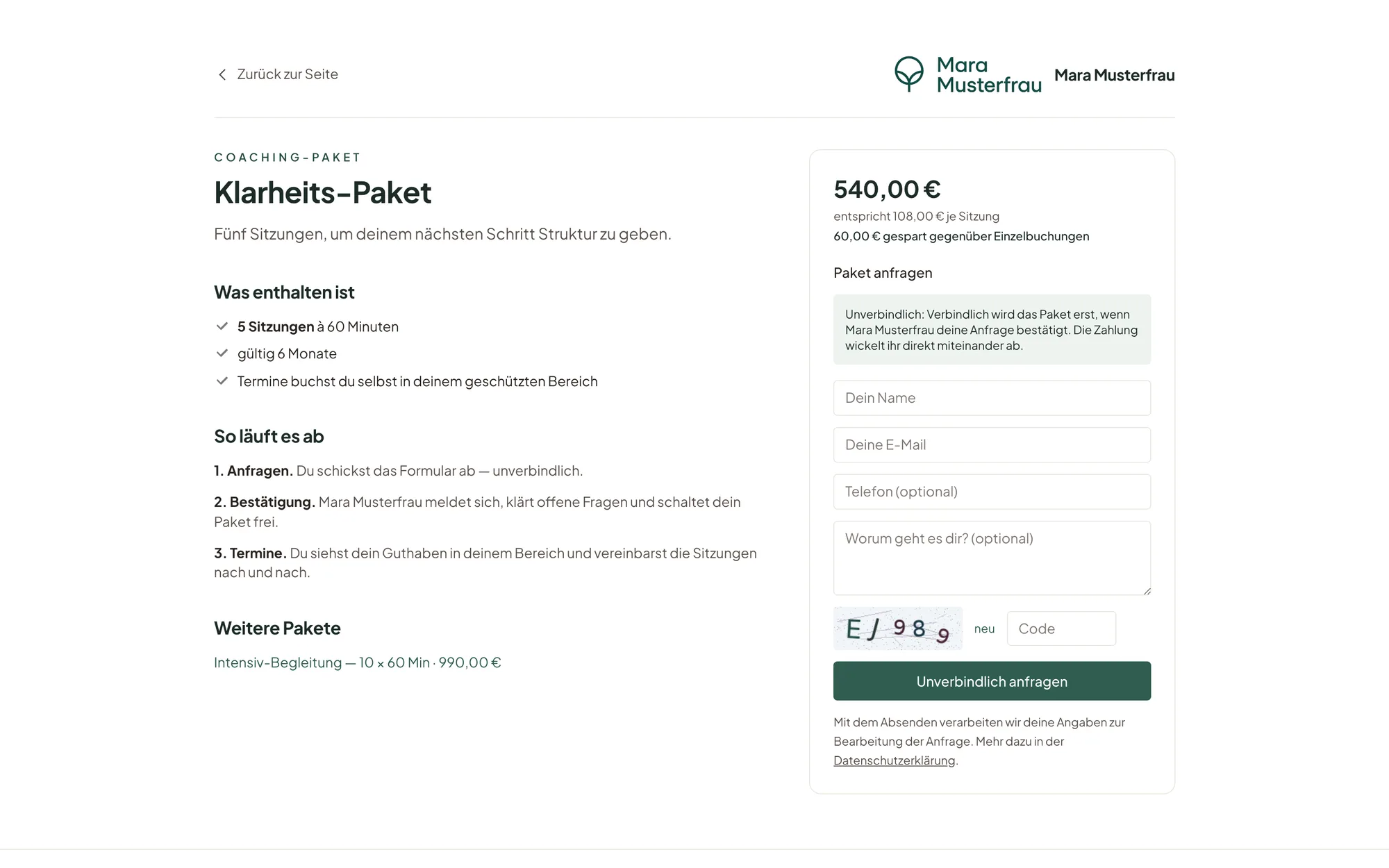 Öffentliche Paketseite mit Umfang, Preis und Anfrage-Formular