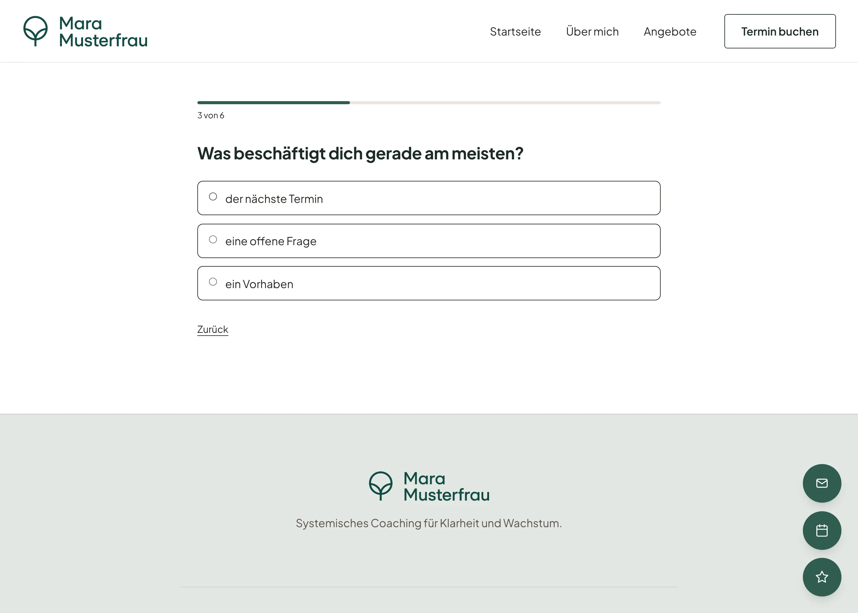 Selbsttest auf der Coach-Website: dritte von sechs Fragen mit Fortschrittsbalken und drei Antwortmöglichkeiten
