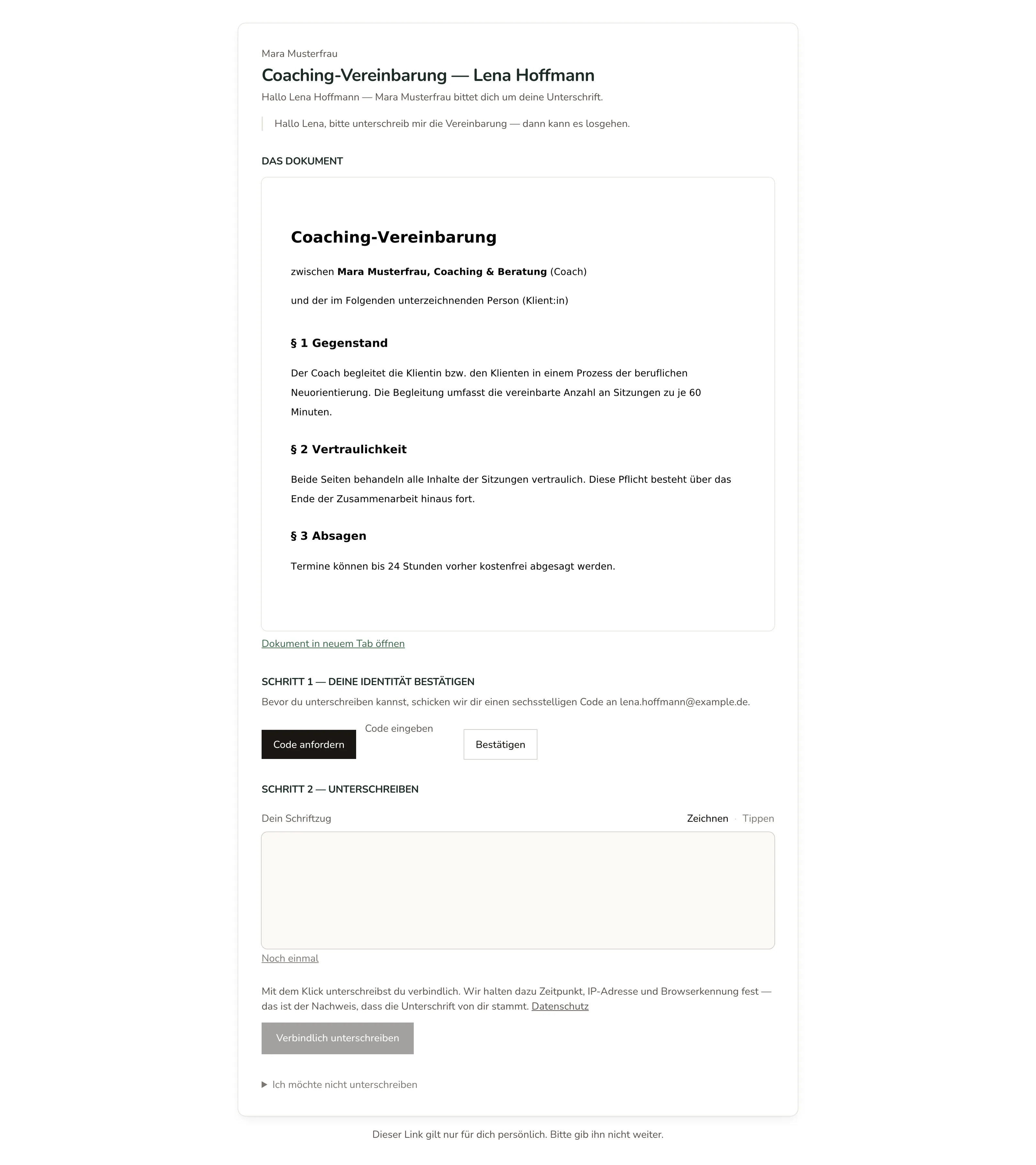 Signierseite: Dokument, Bestätigungscode und Unterschriftsfeld