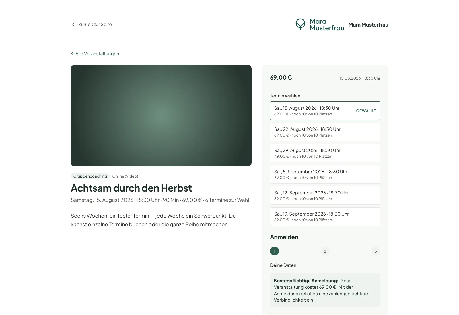 Öffentliche Veranstaltungsseite einer Terminreihe mit Terminauswahl