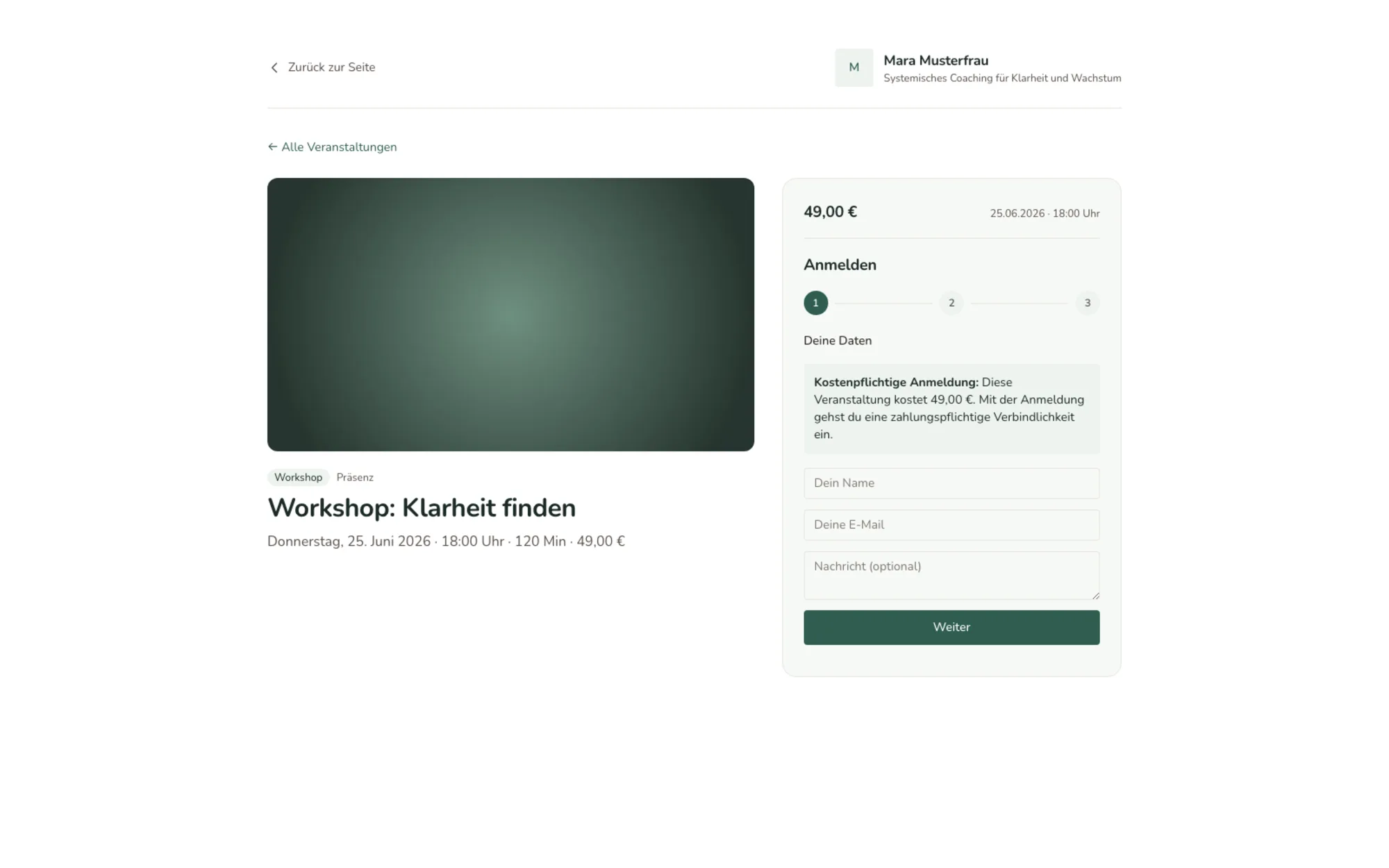 Öffentliche Veranstaltungs-Detailseite mit mehrschrittiger Anmeldung
