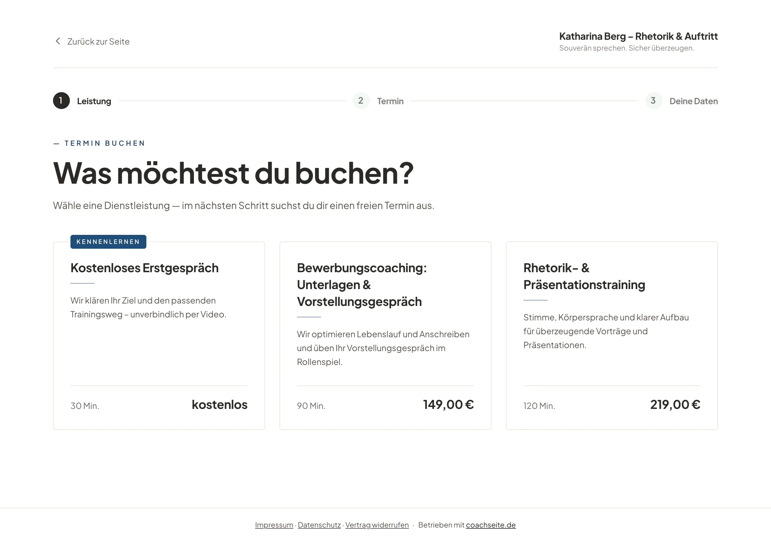 Buchungsseite eines Bewerbungs-Coachings