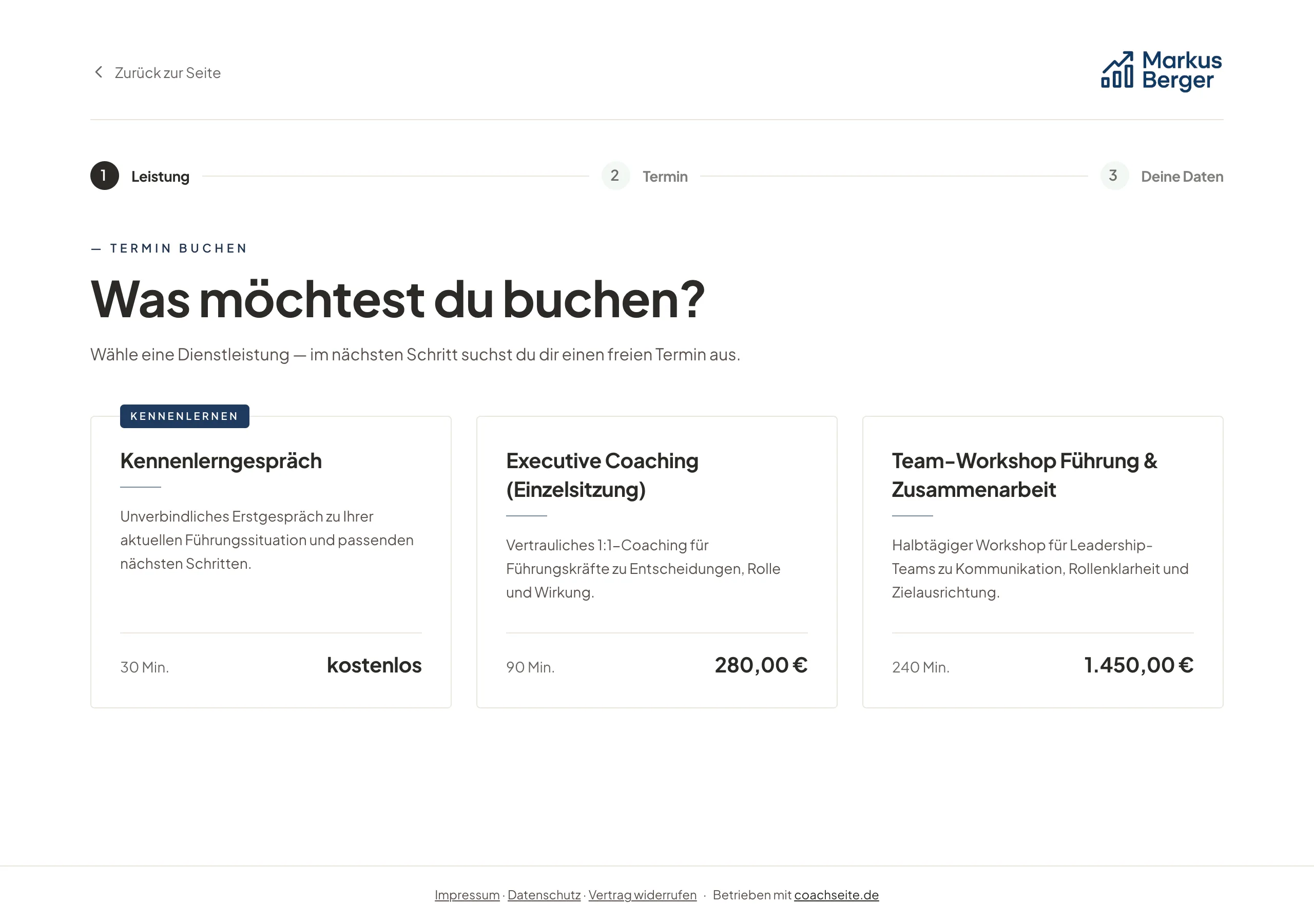 Buchungsseite eines Business-Coachings