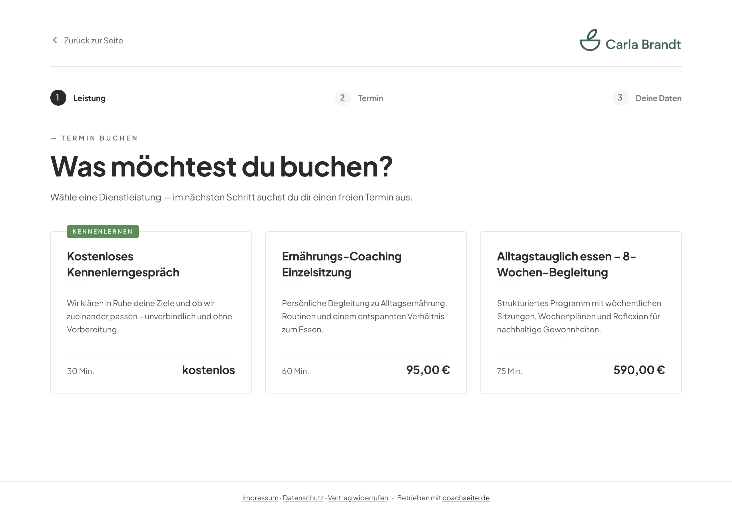 Buchungsseite eines Ernährungs-Coachings