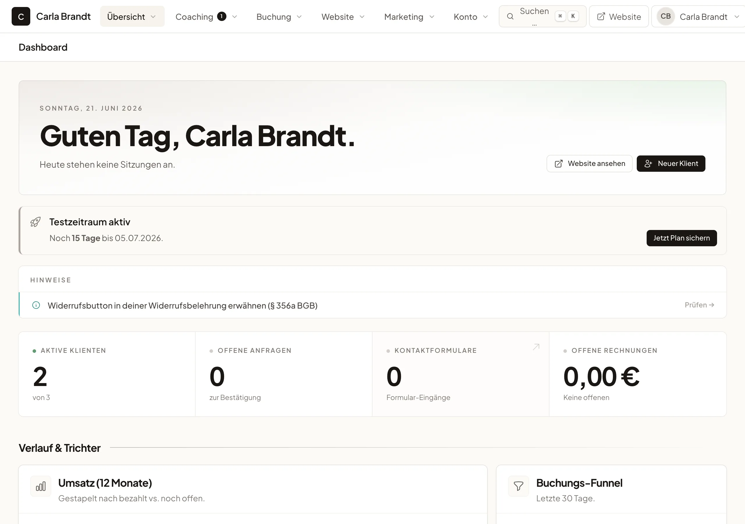 Dashboard eines Ernährungs-Coachings