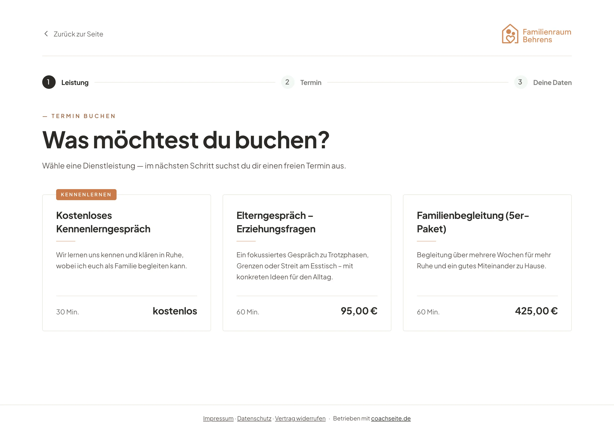 Buchungsseite einer Erziehungsberatung