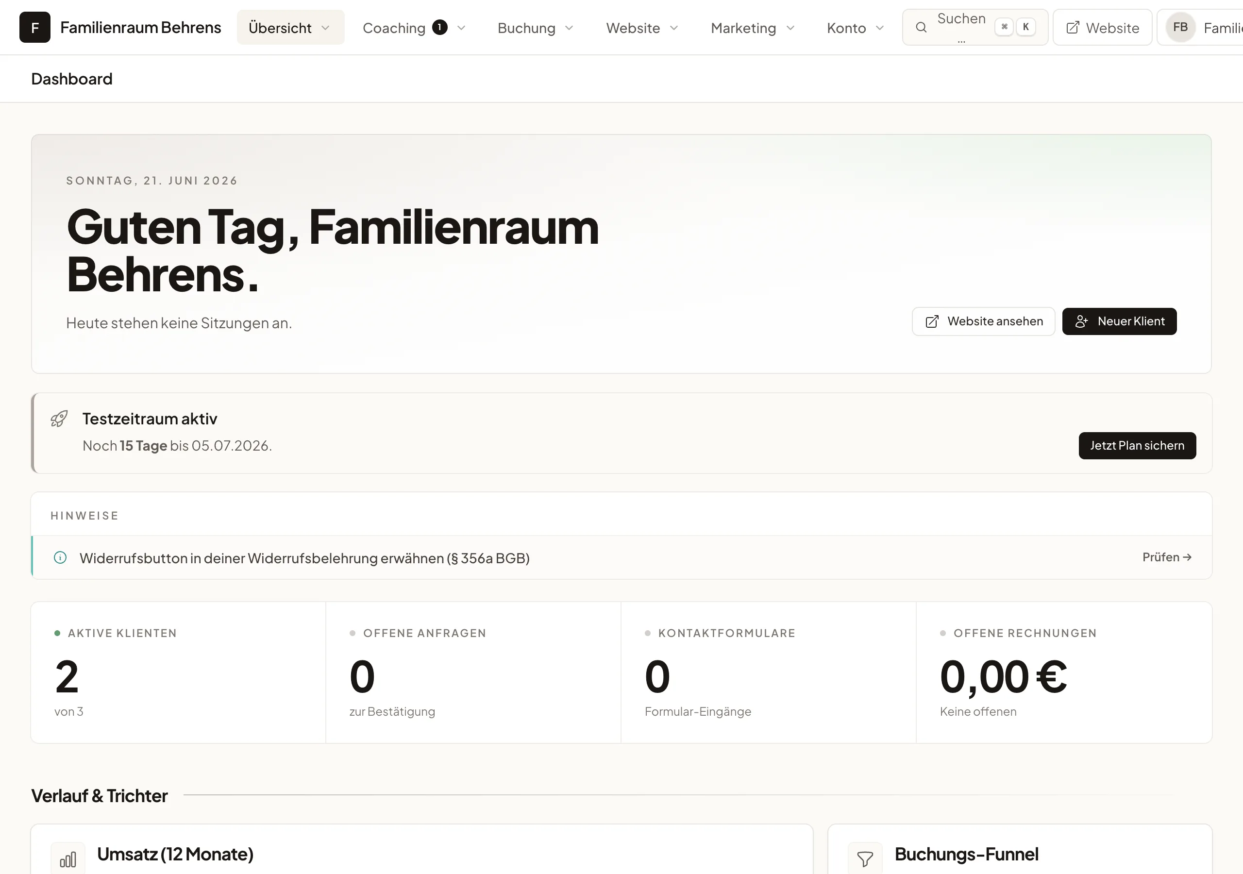 Dashboard einer Erziehungsberatung