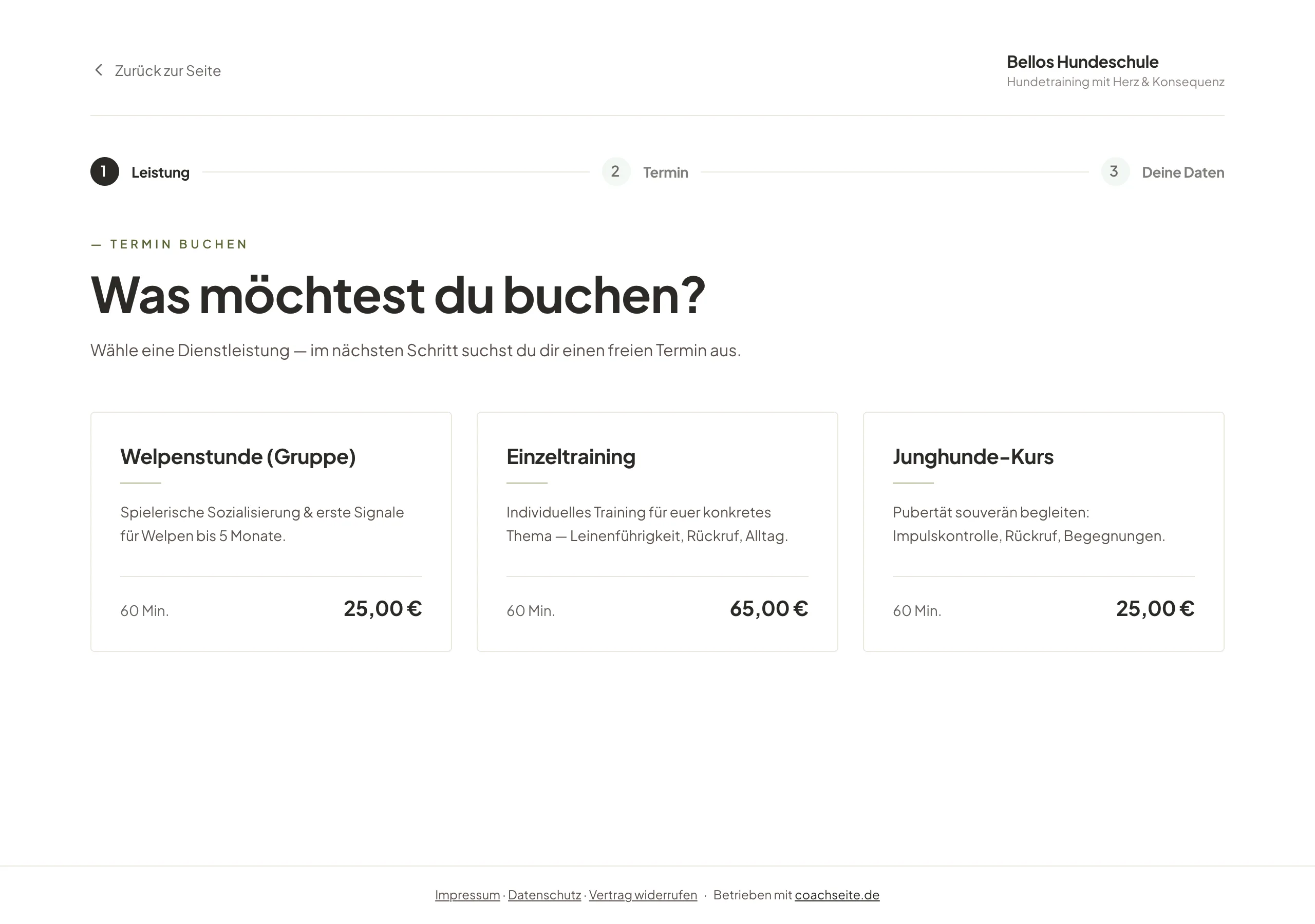 Buchungsseite einer Hundeschule