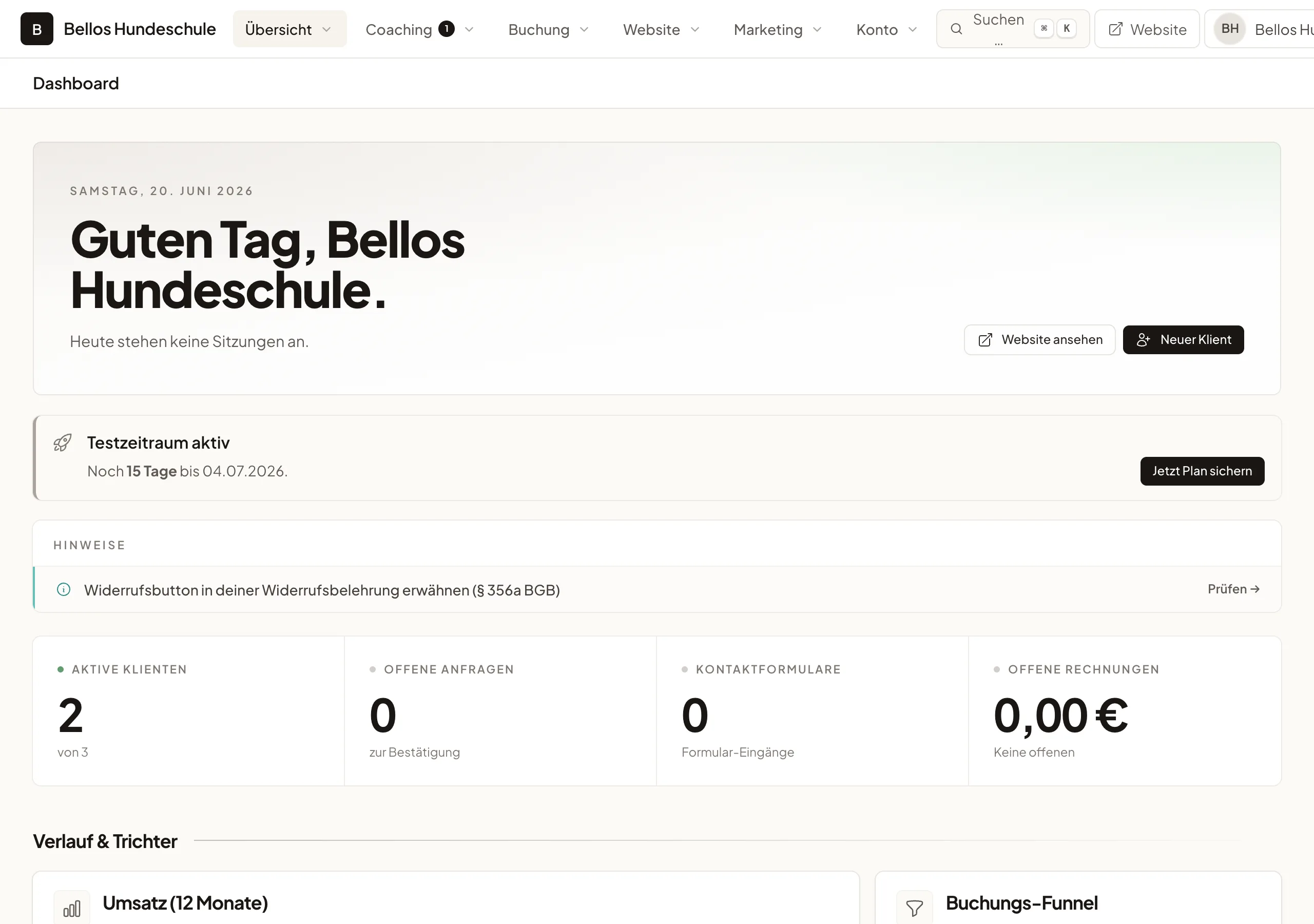 Dashboard einer Hundeschule