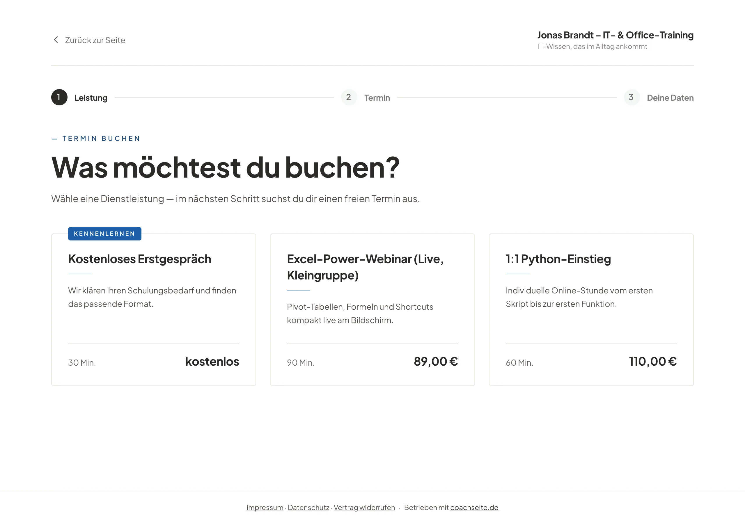 Buchungsseite eines IT-Trainers