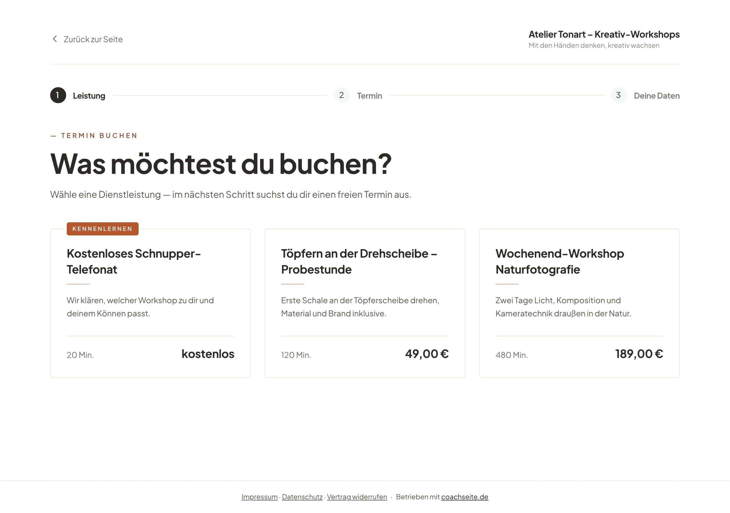 Buchungsseite eines Kreativ-Workshops