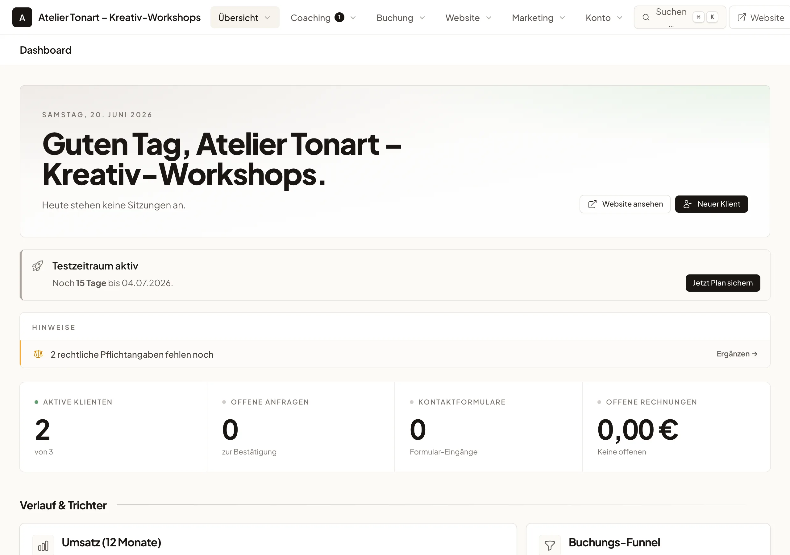 Dashboard eines Kreativ-Workshops