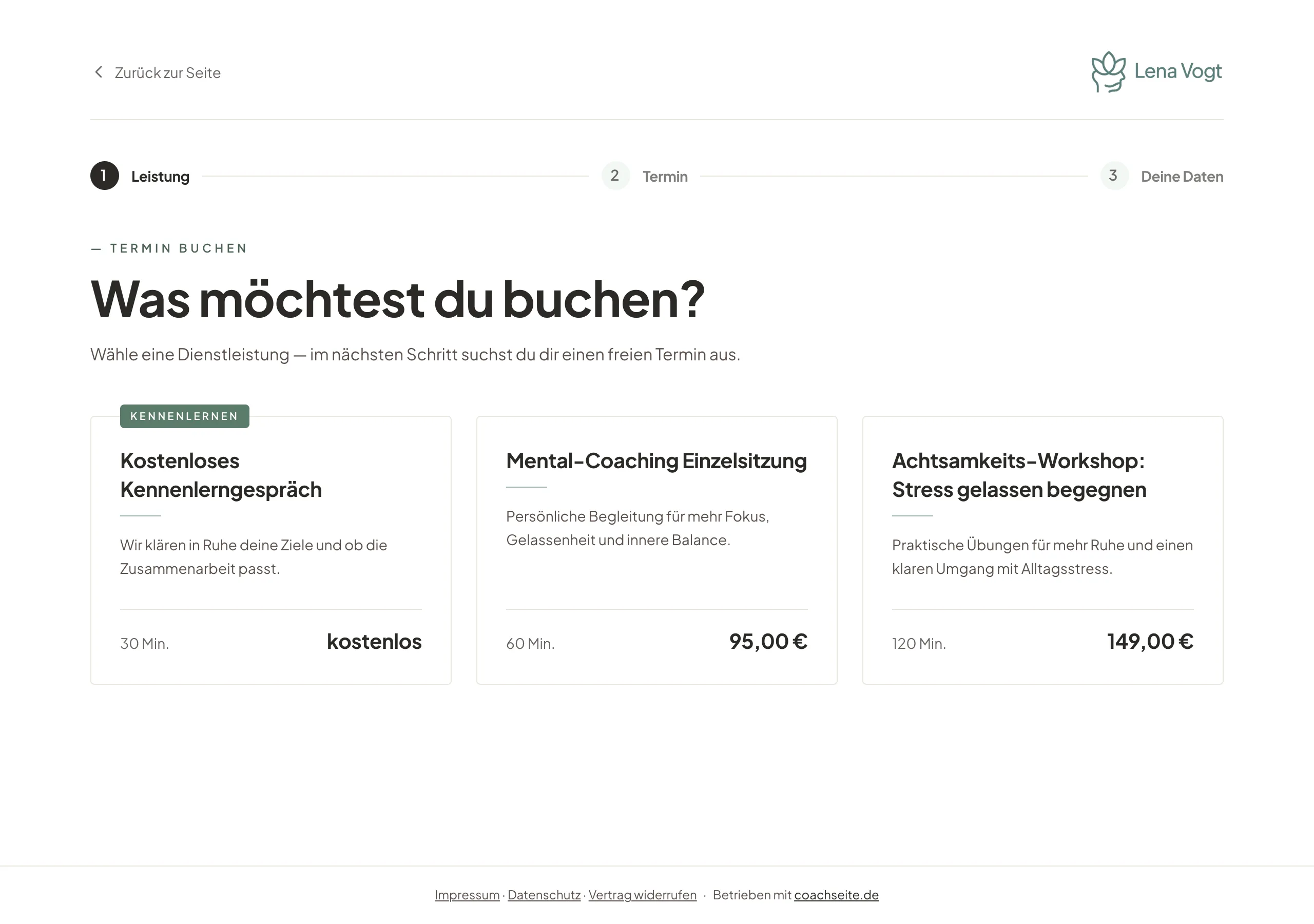 Buchungsseite eines Mental-Coachings