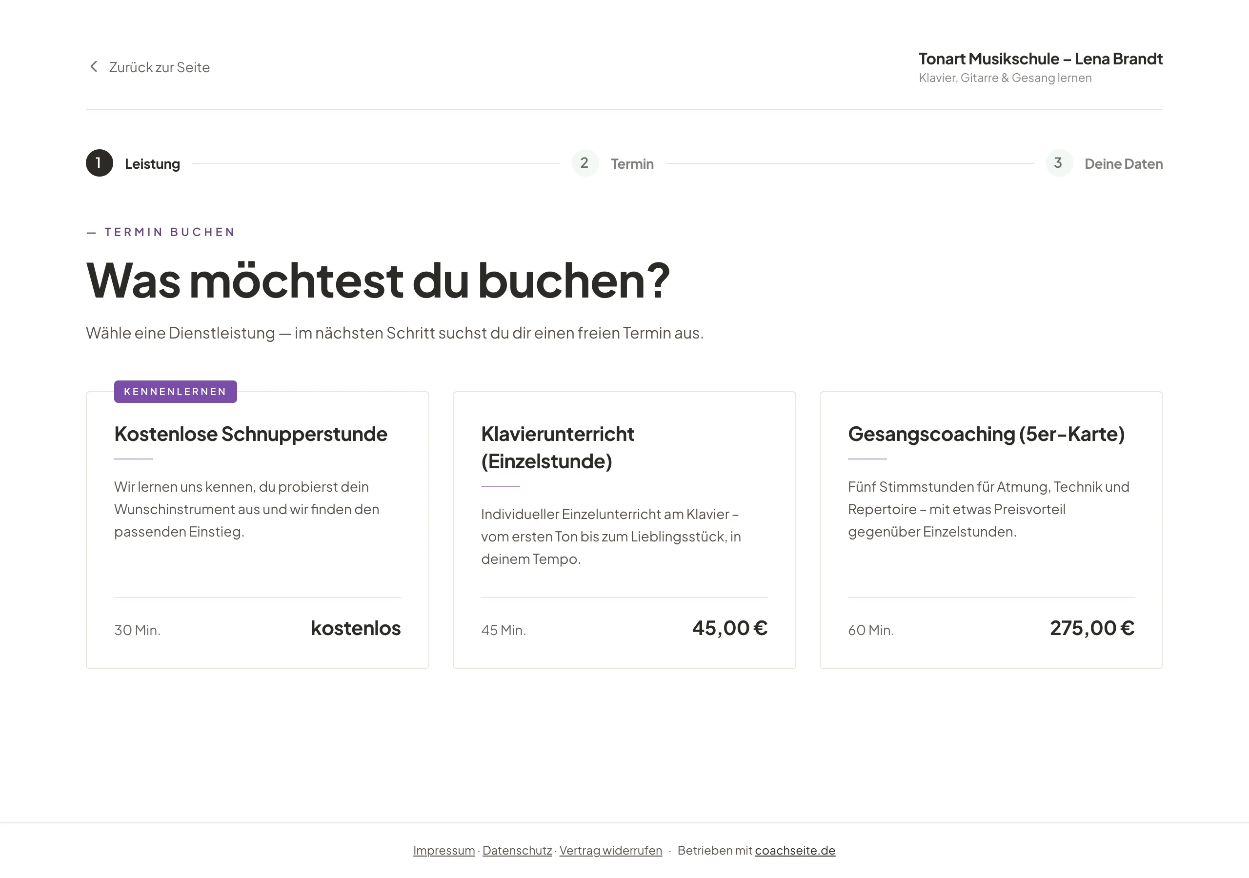 Buchungsseite einer Musiklehrerin