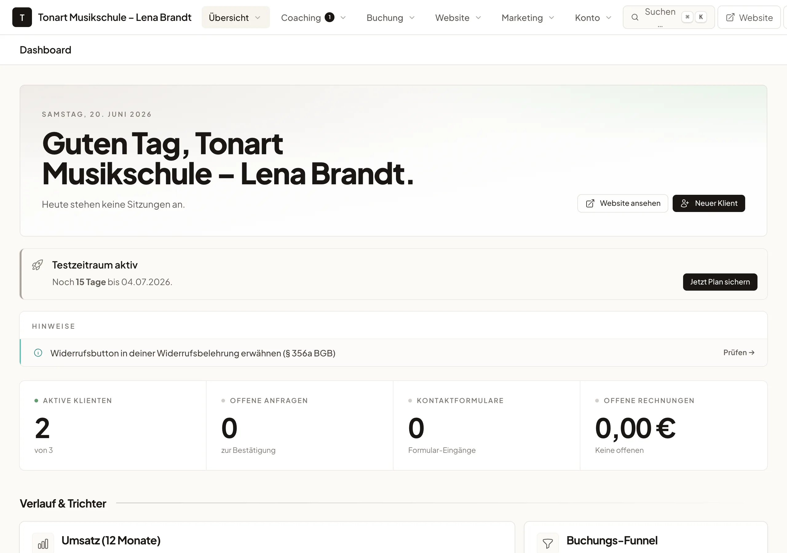 Dashboard einer Musiklehrerin