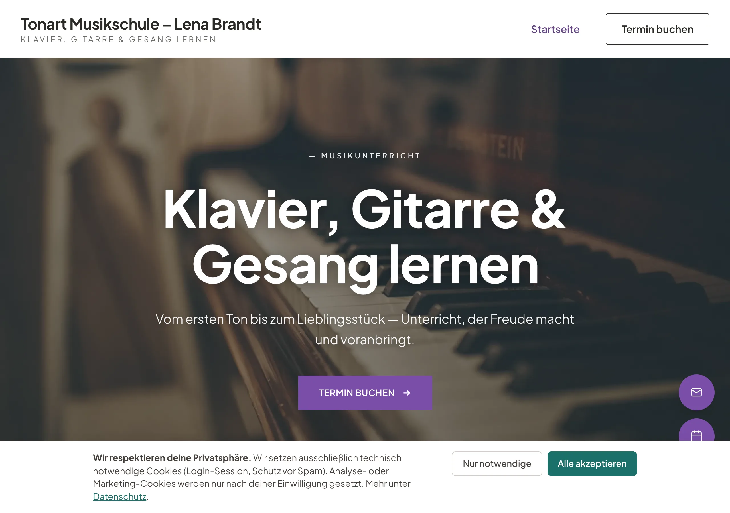 Website einer Musiklehrerin, gebaut mit Coachseite