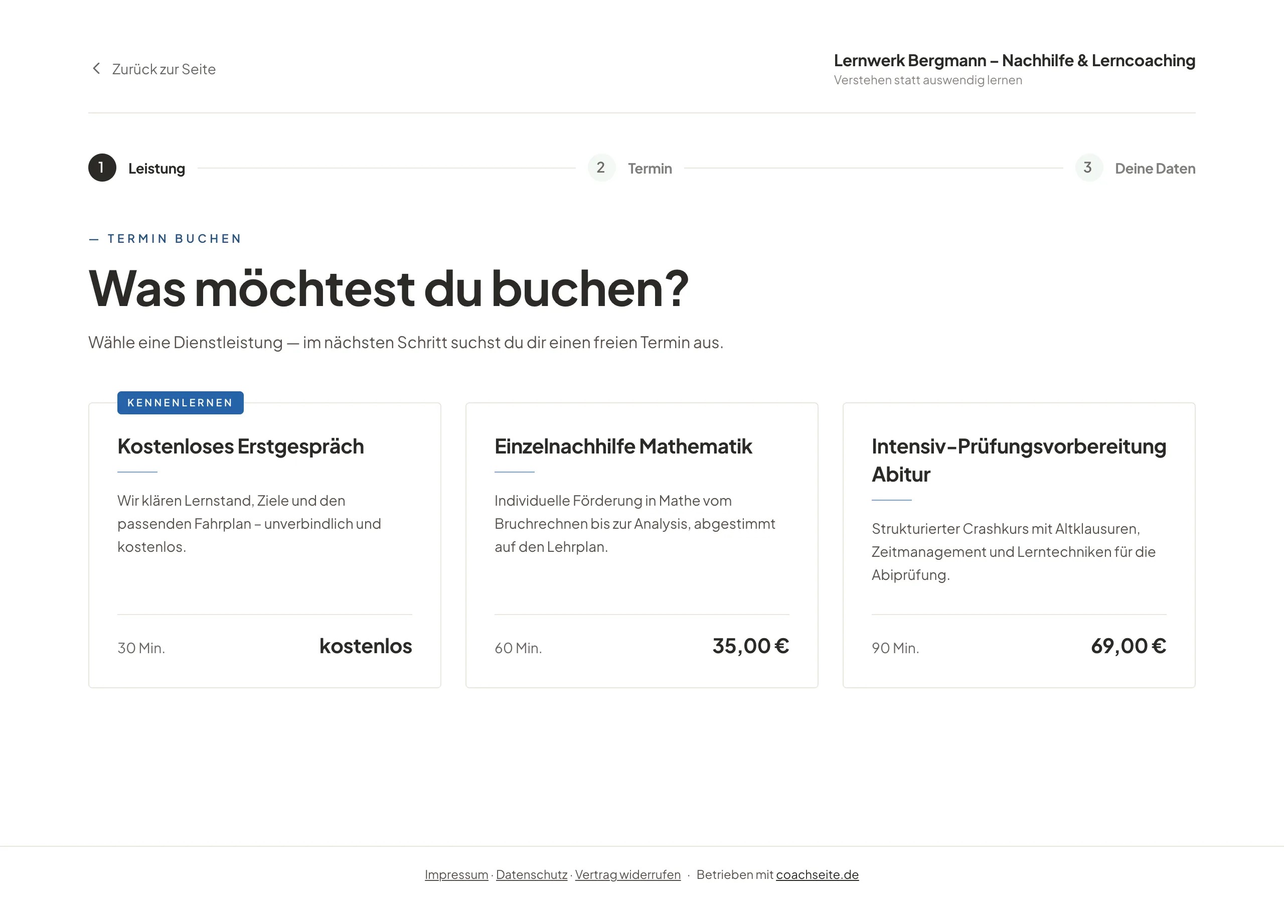 Buchungsseite eines Lerncoachings