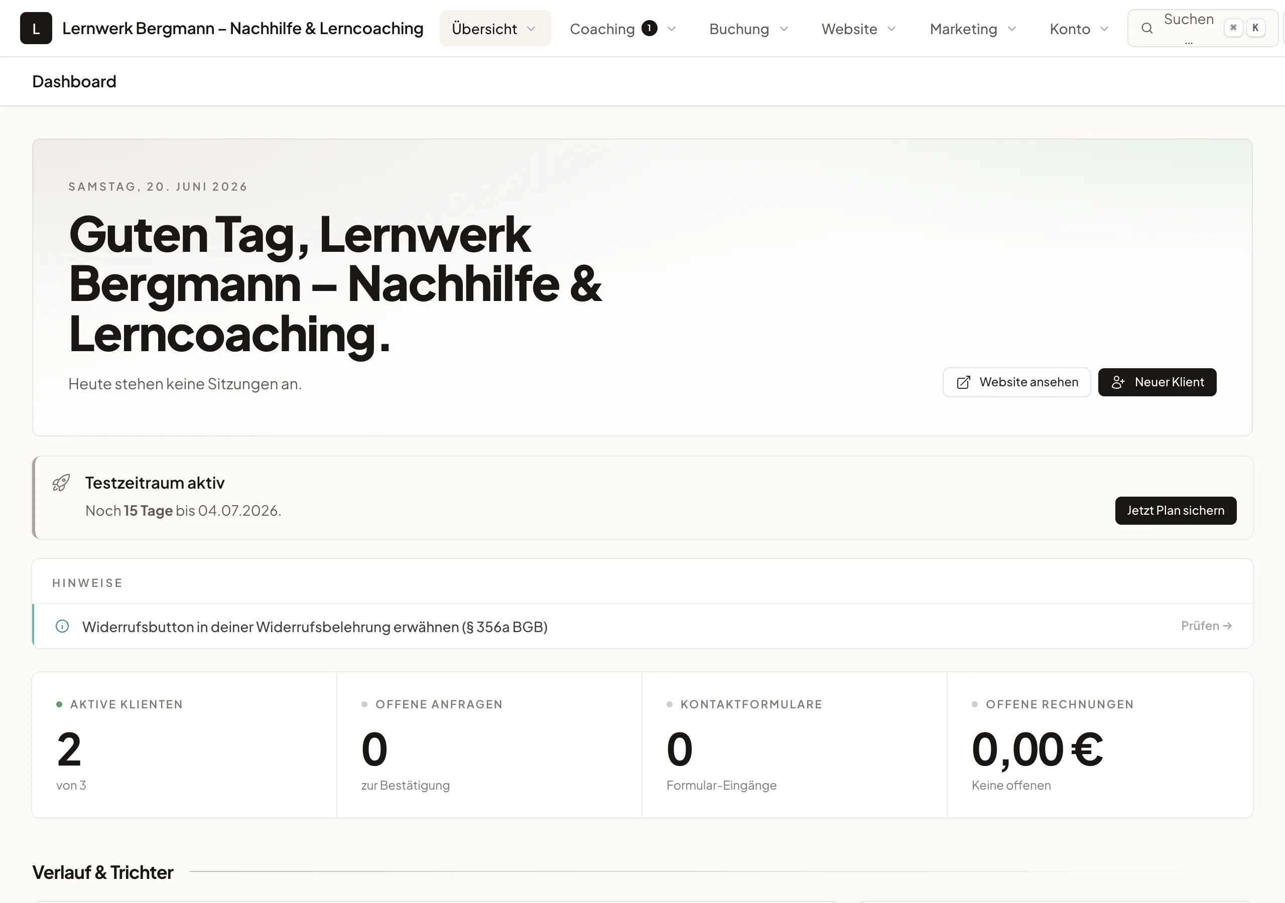 Dashboard eines Lerncoachings