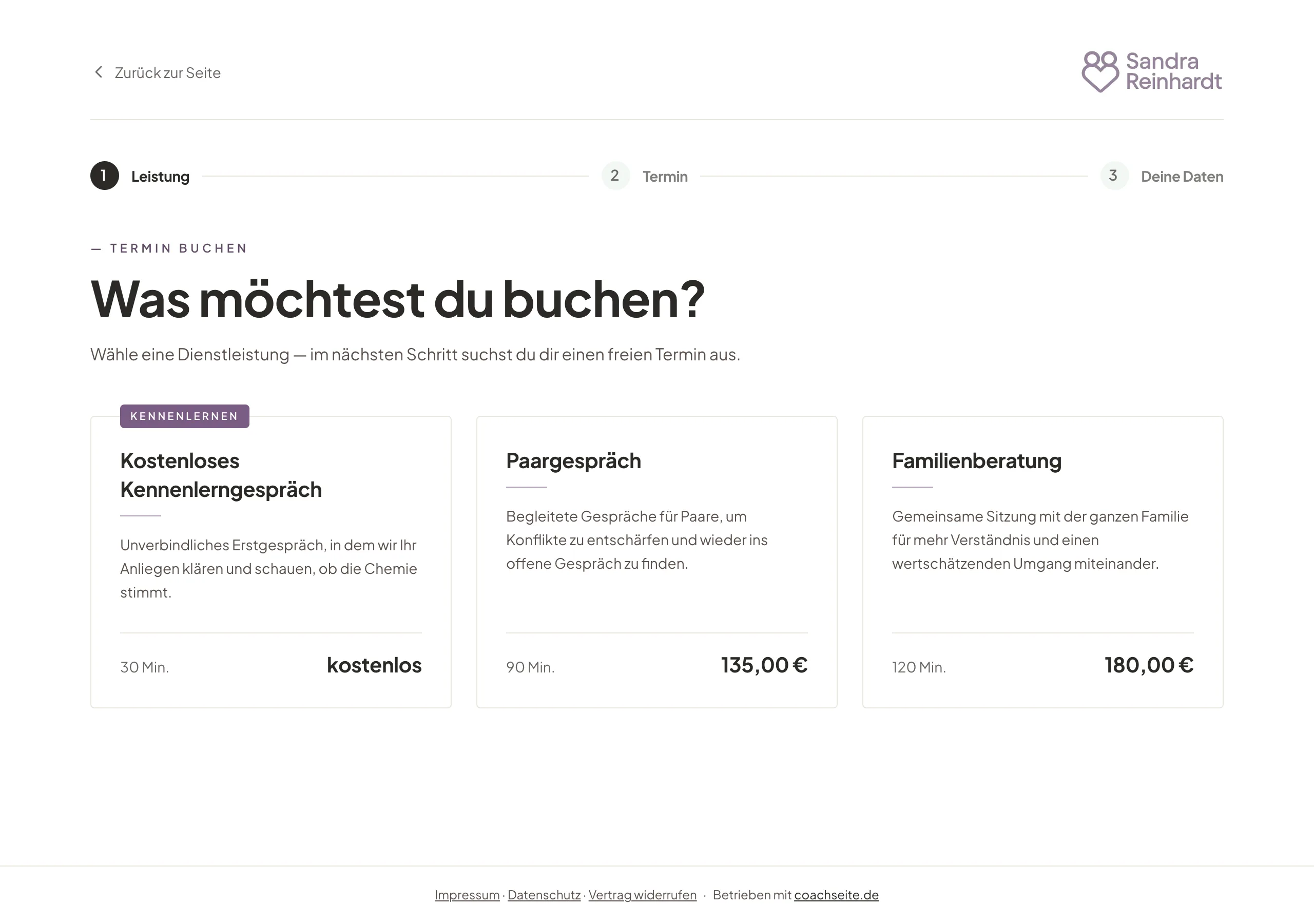Buchungsseite einer Paar- & Familienberatung