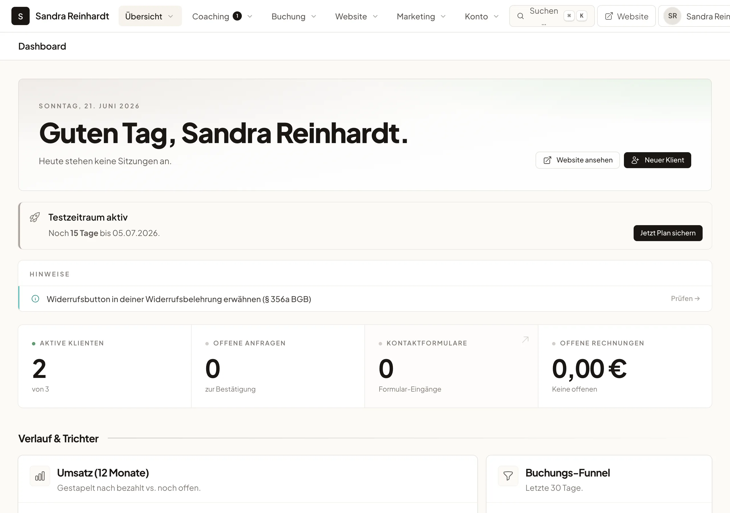 Dashboard einer Paar- & Familienberatung