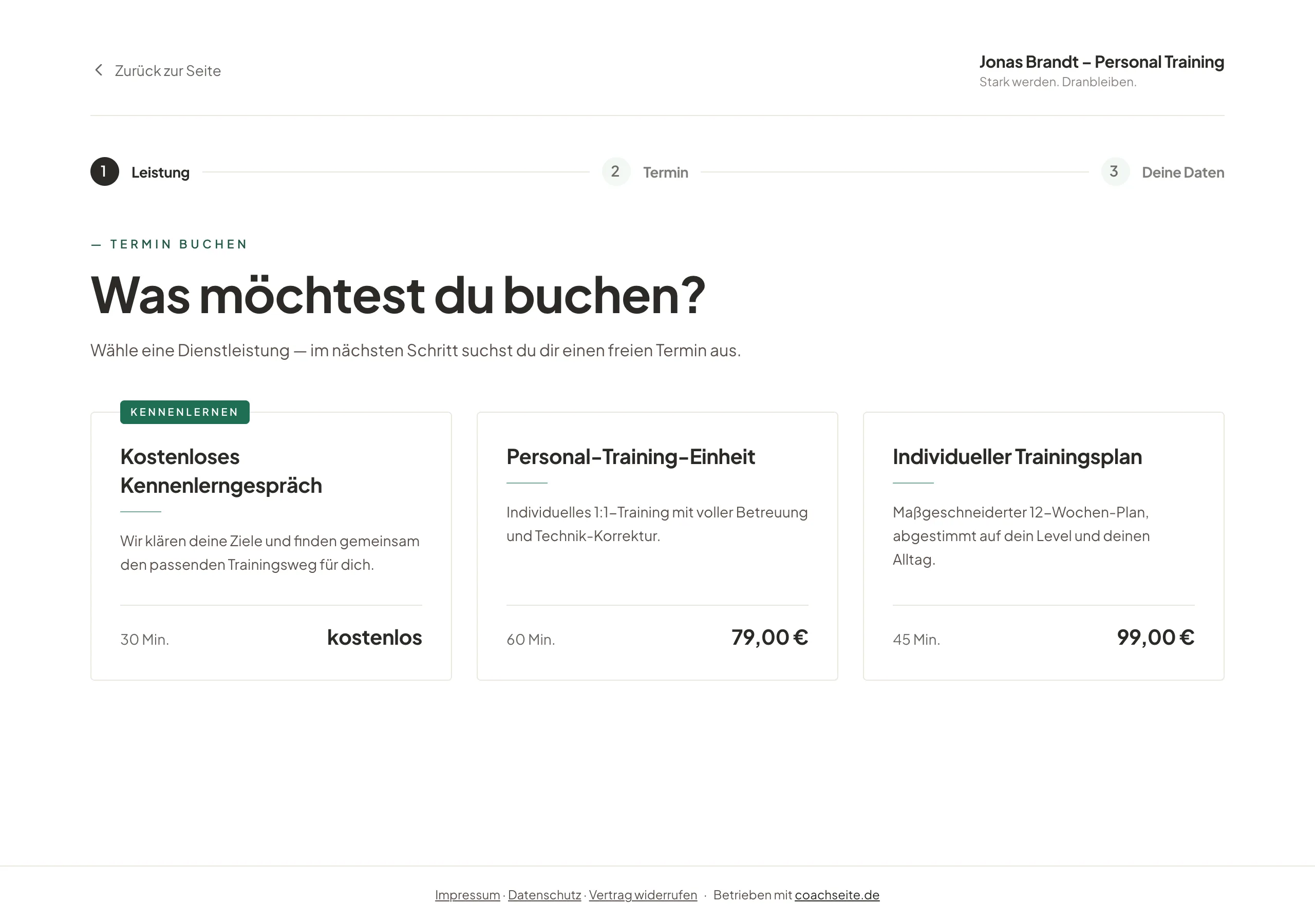 Buchungsseite eines Personal Trainers