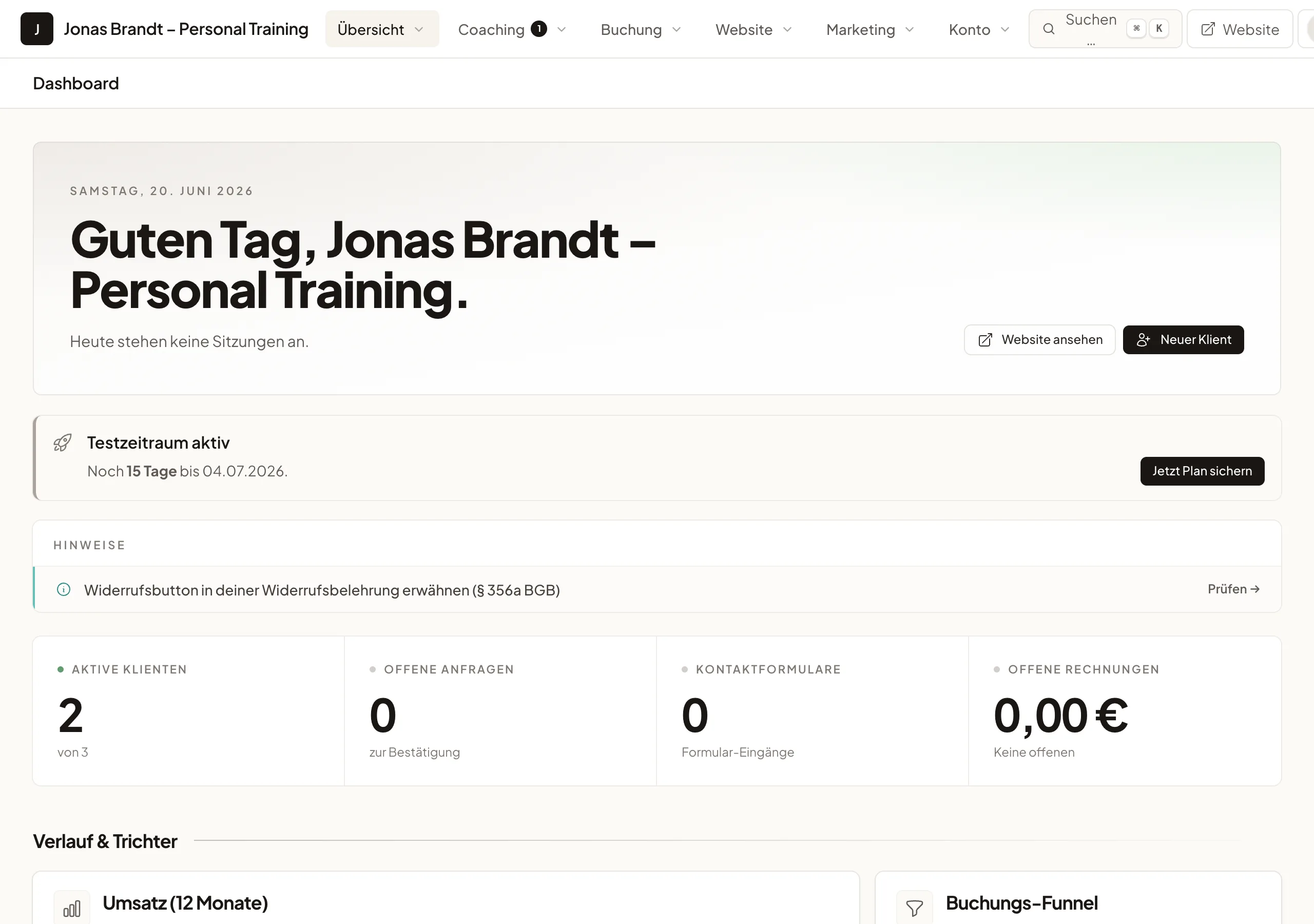 Dashboard eines Personal Trainers
