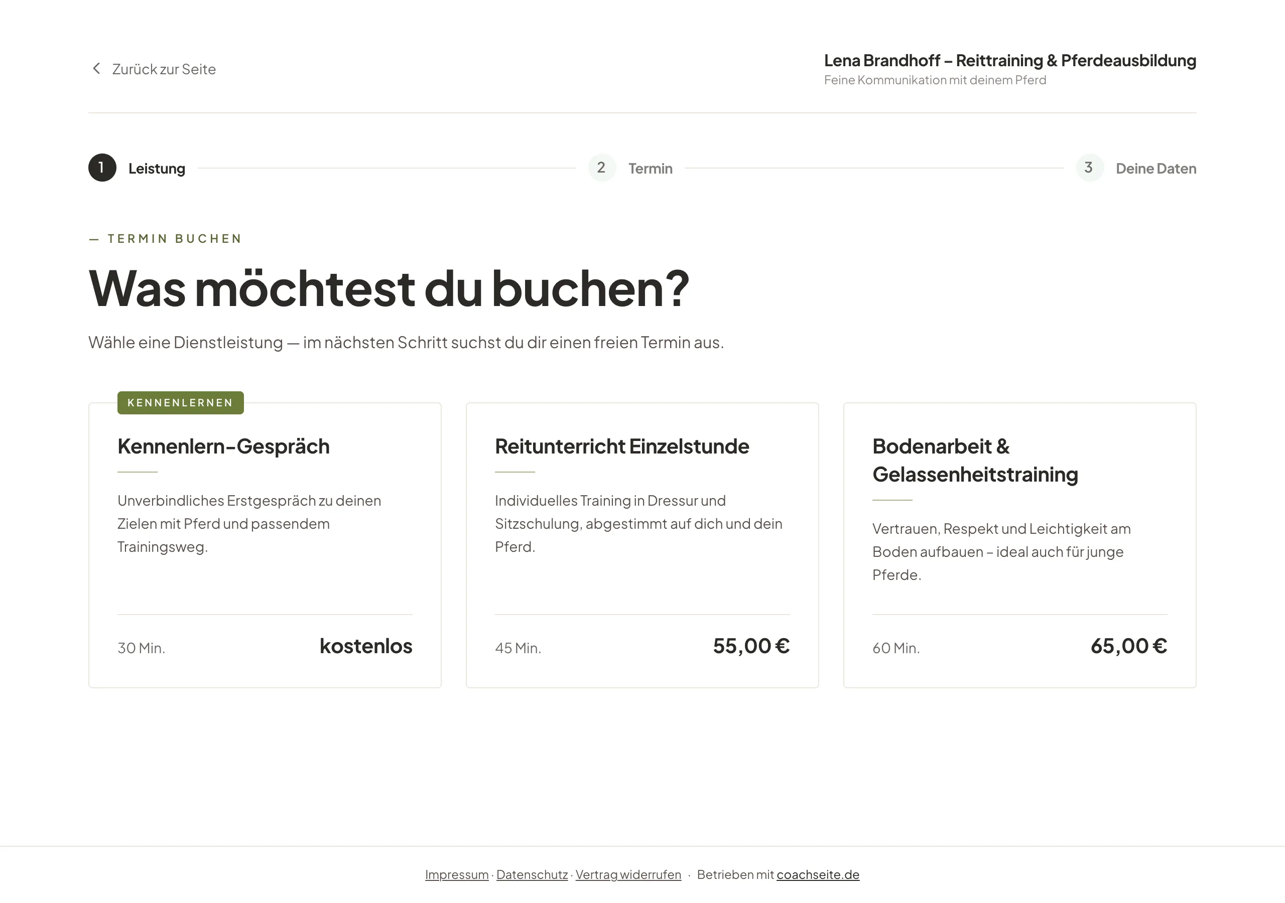 Buchungsseite eines Reittrainers