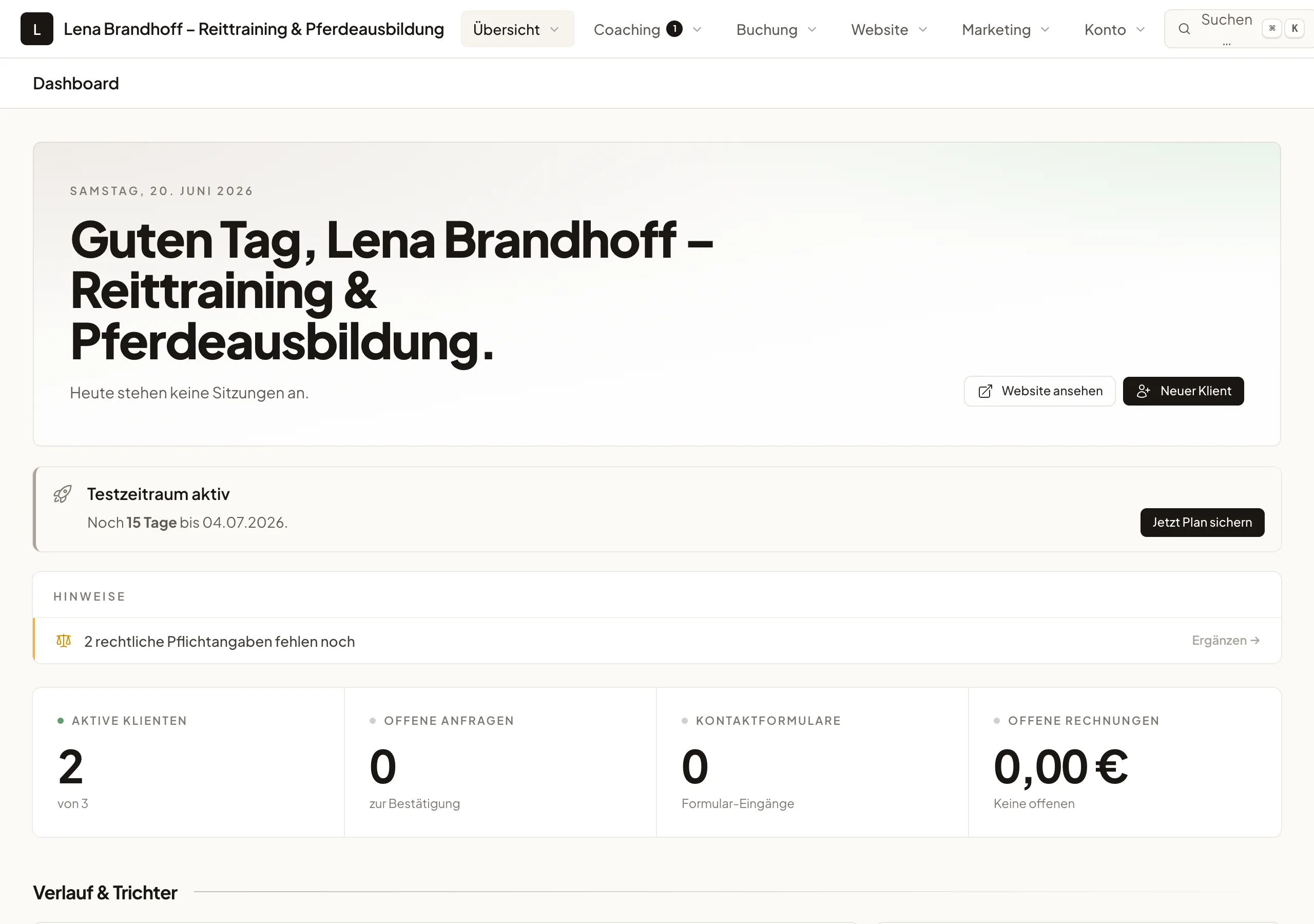 Dashboard eines Reittrainers