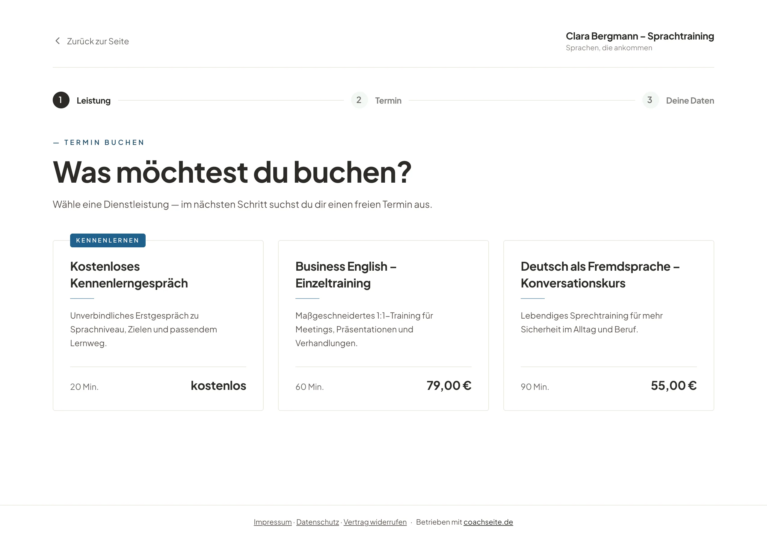 Buchungsseite einer Sprachlehrerin