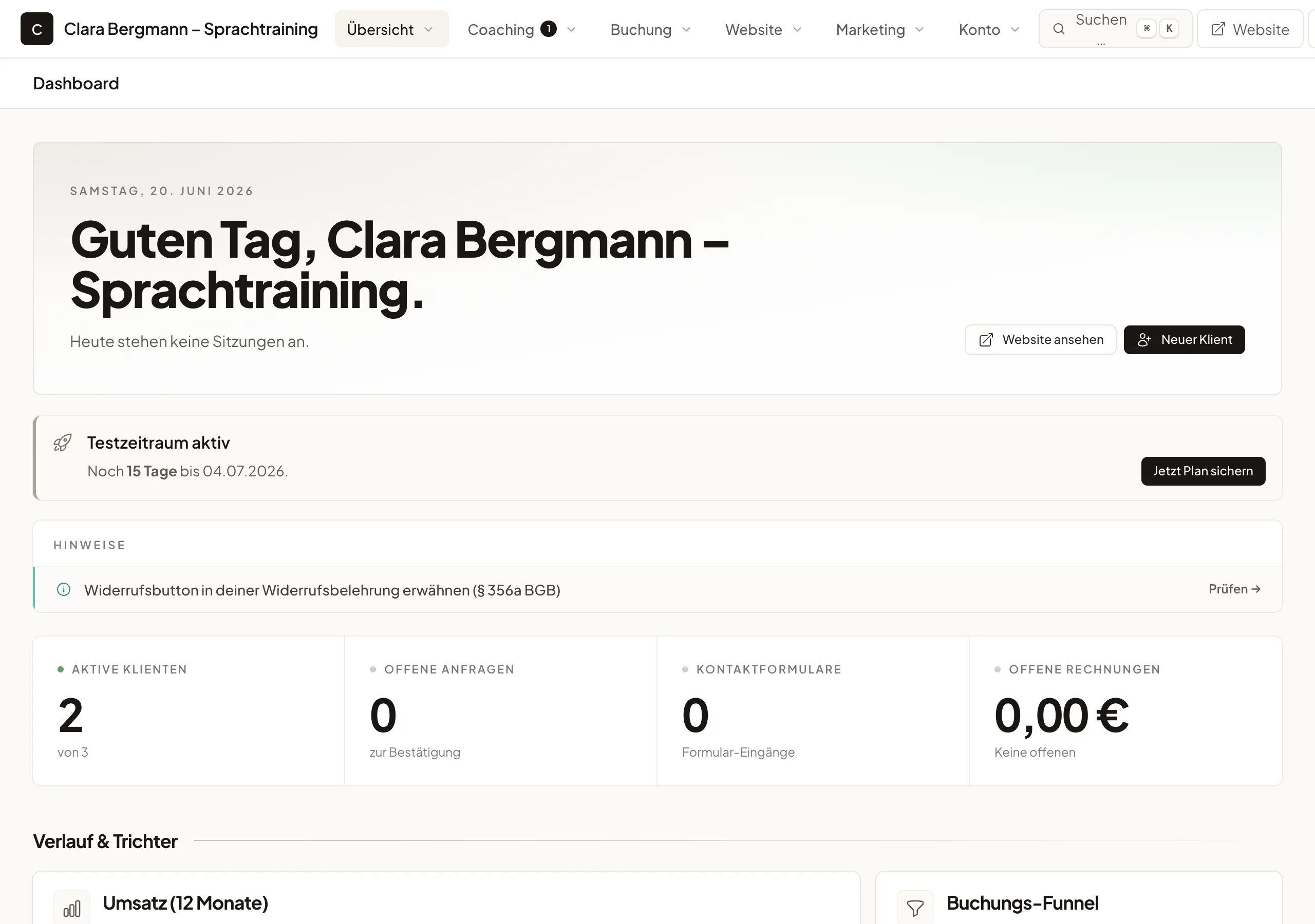 Dashboard einer Sprachlehrerin