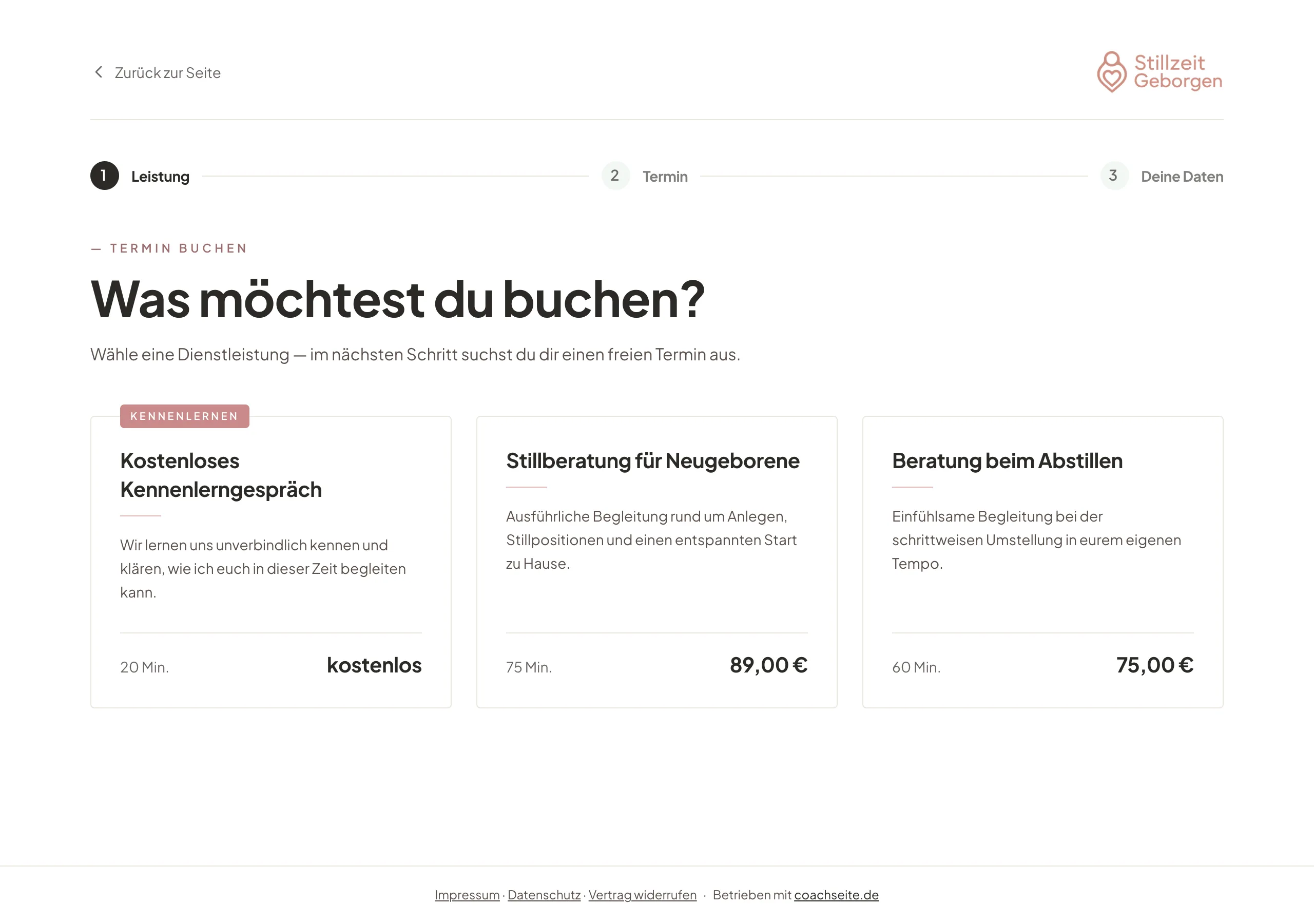 Buchungsseite einer Stillberatung