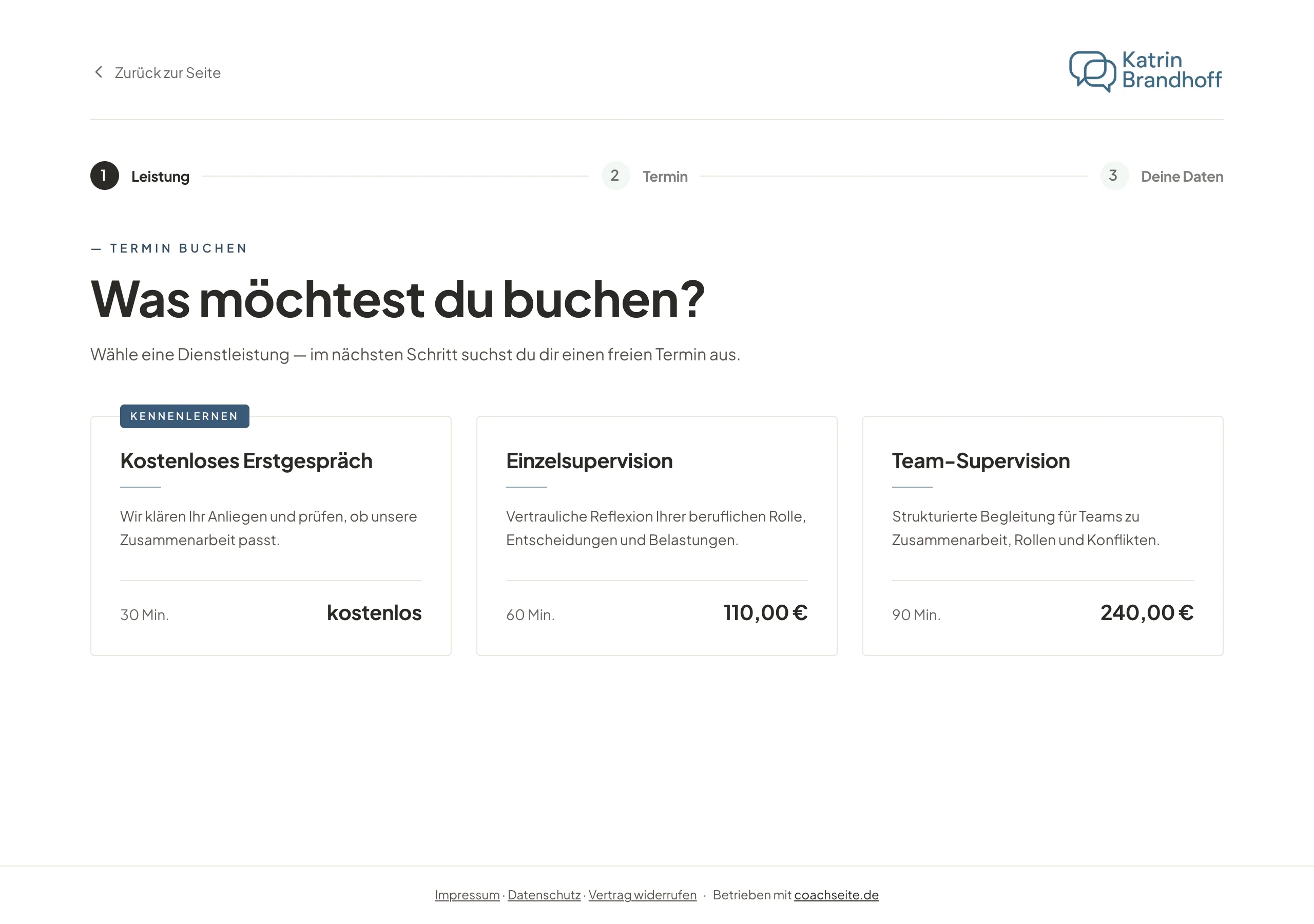 Buchungsseite einer Supervisorin