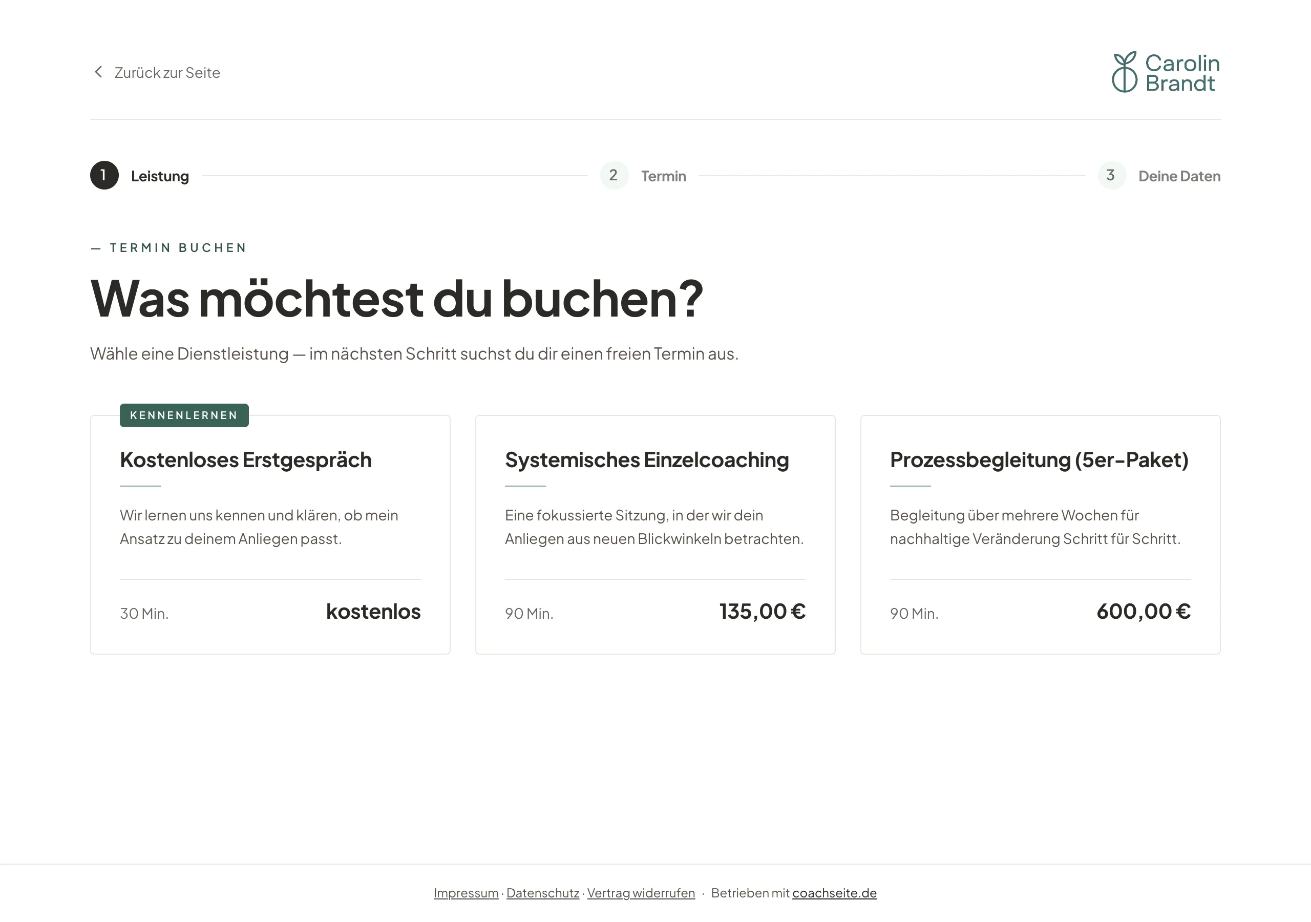 Buchungsseite eines systemischen Coachings