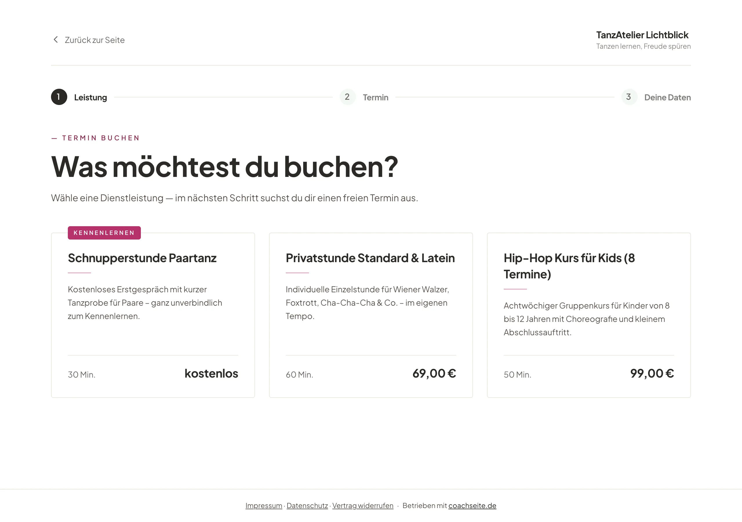 Buchungsseite einer Tanzschule