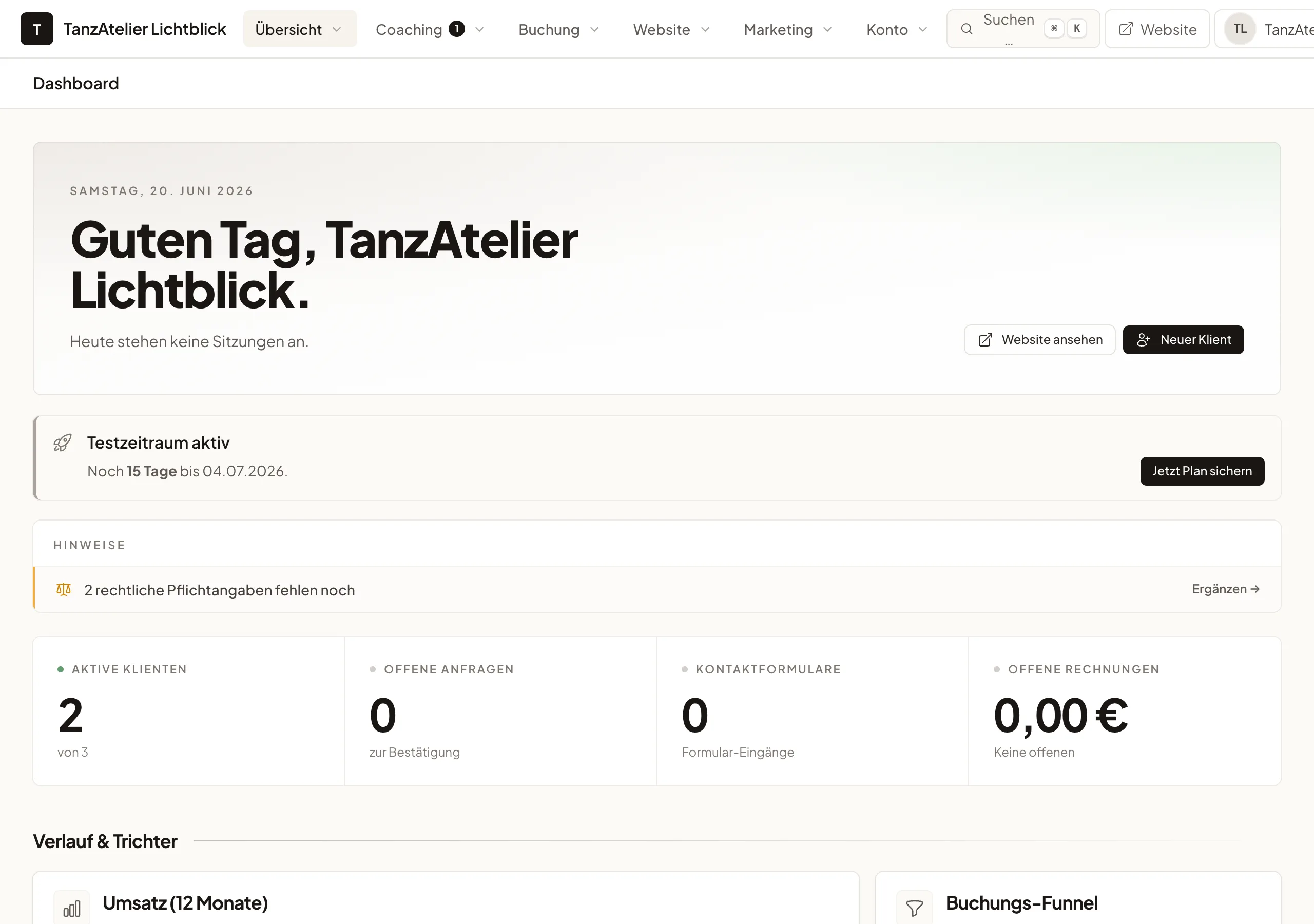 Dashboard einer Tanzschule