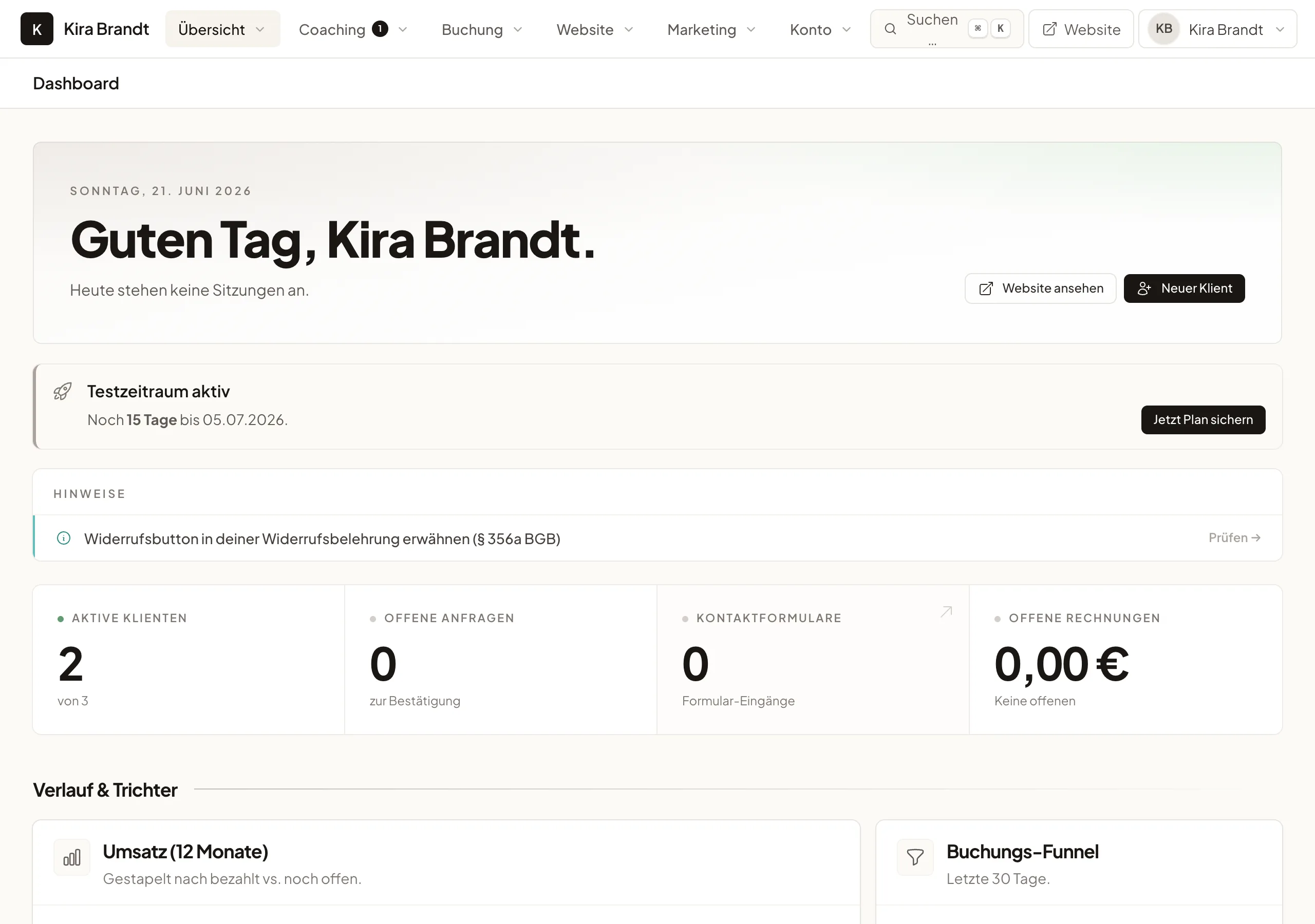 Dashboard eines Trainers
