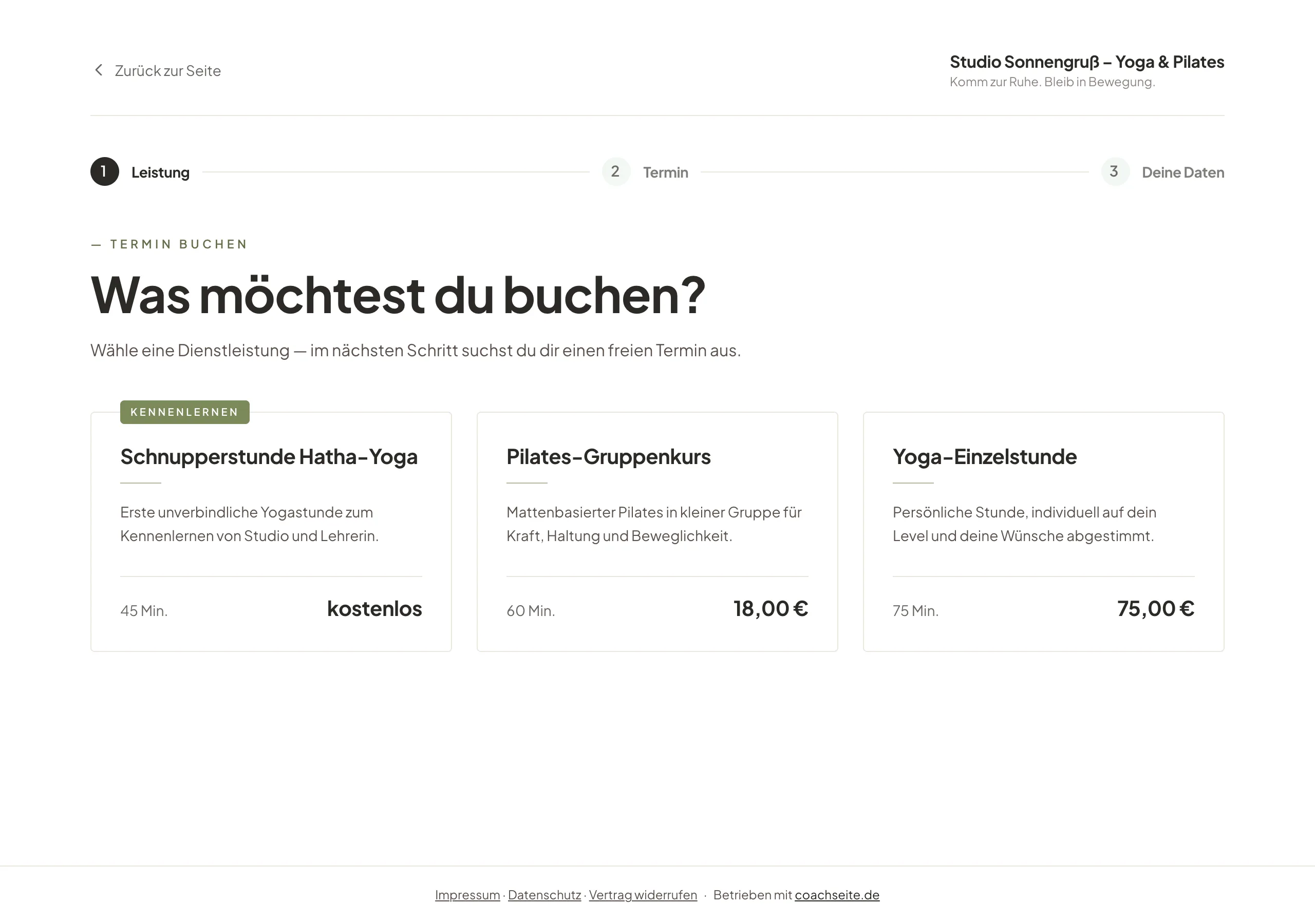 Buchungsseite eines Yoga-Studios